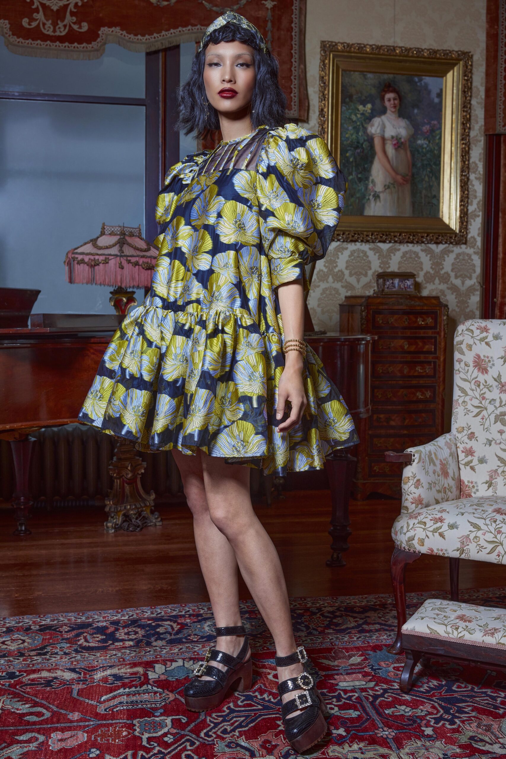 black yellow blue tiered dress
