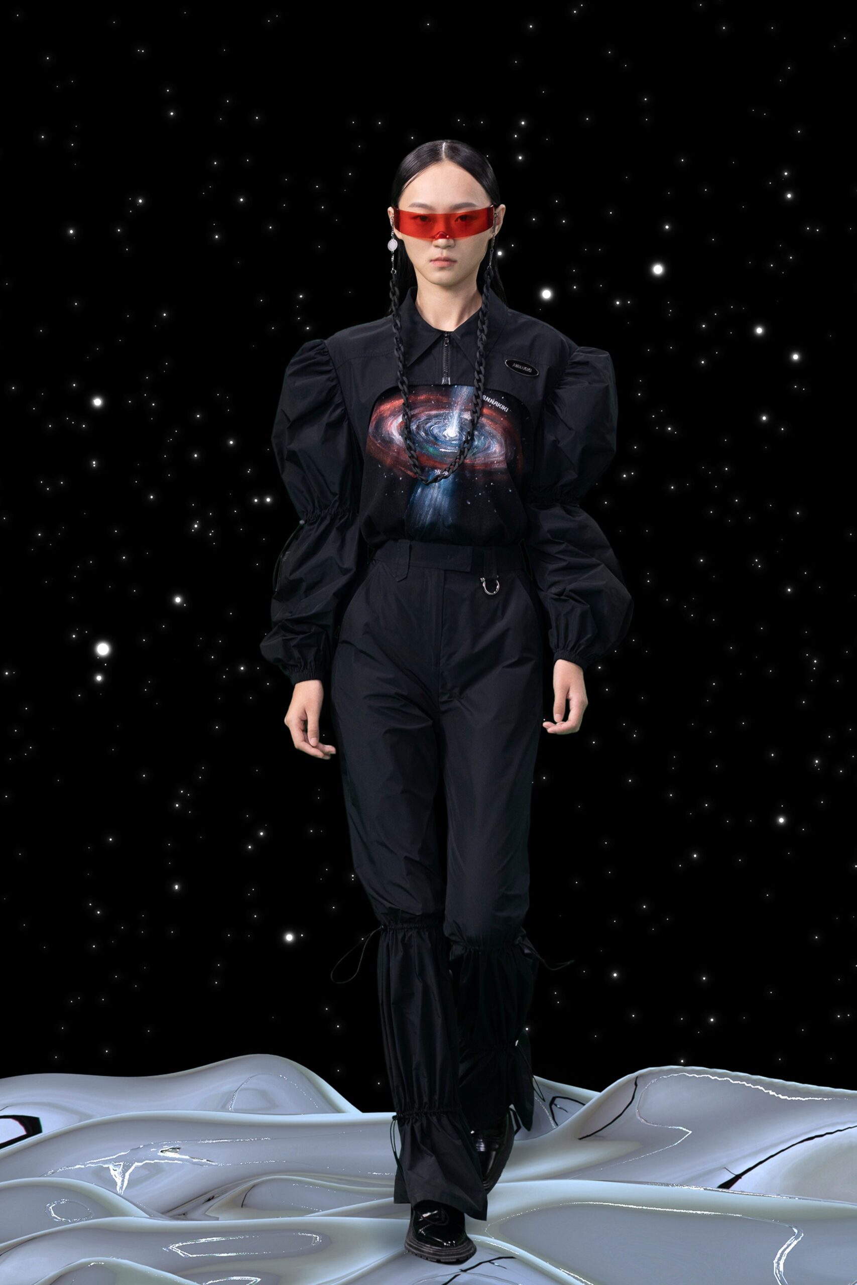 black fitted top and relaxed pants