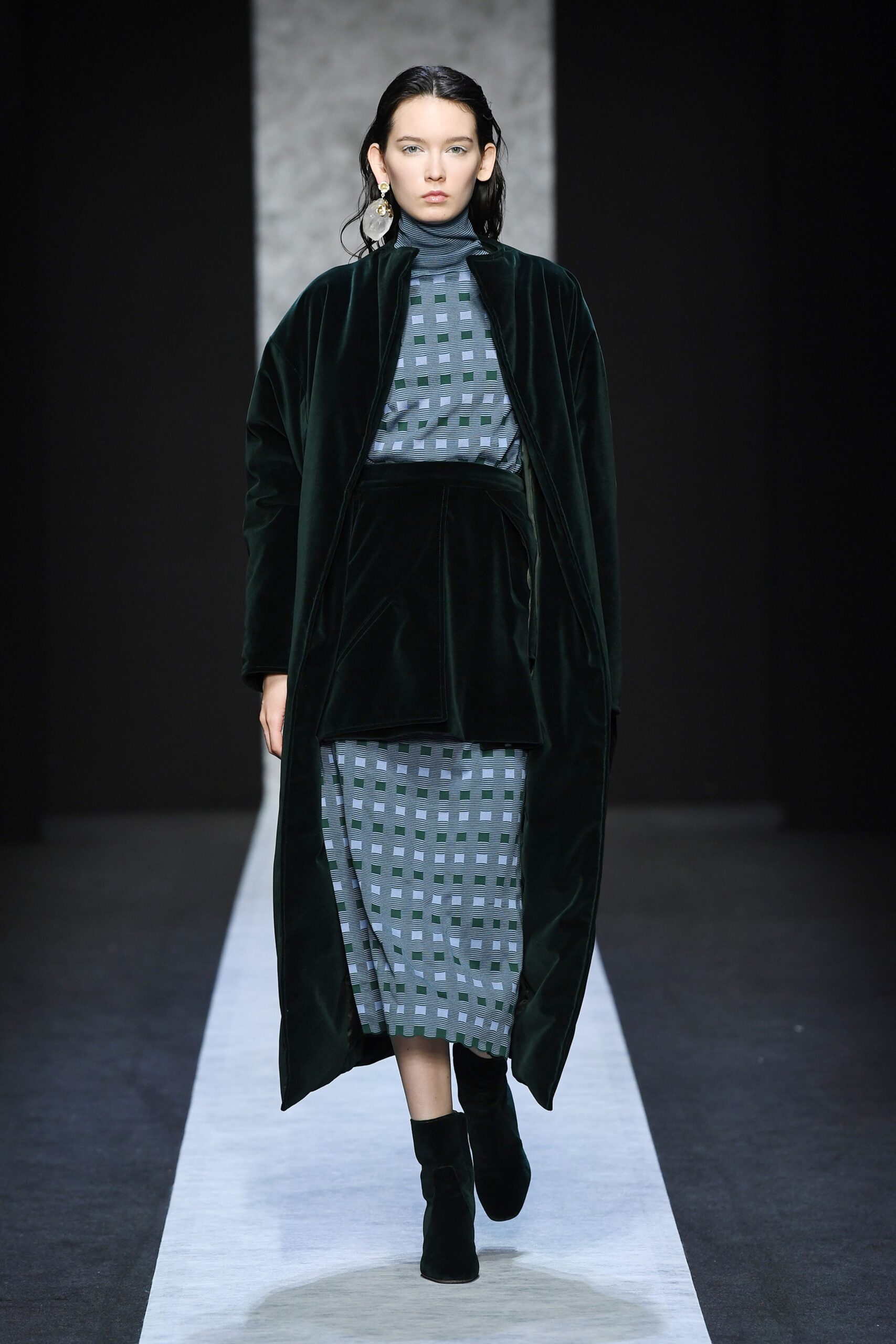 green velvet coat and blue checked dress