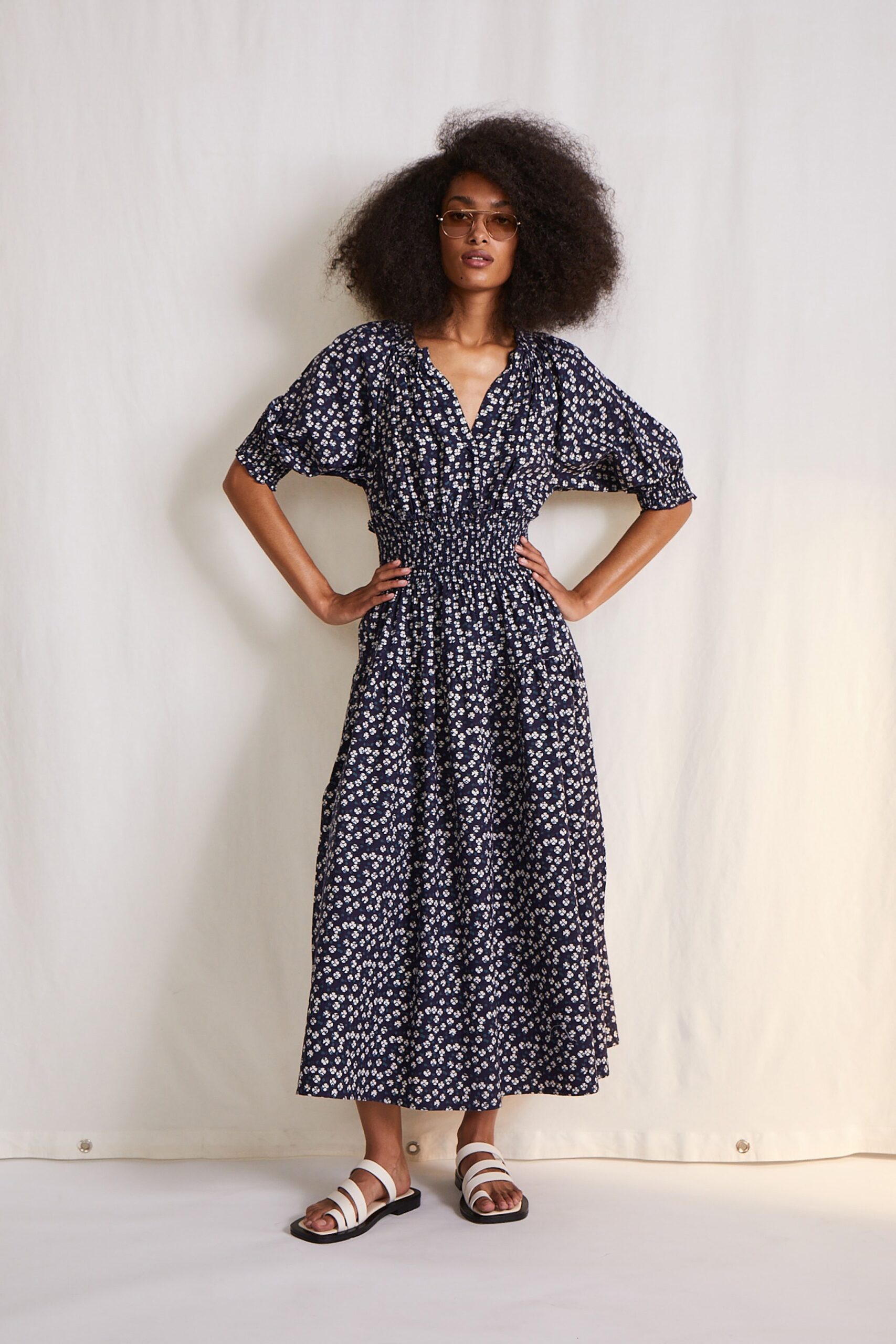 blue and white floral midi dress