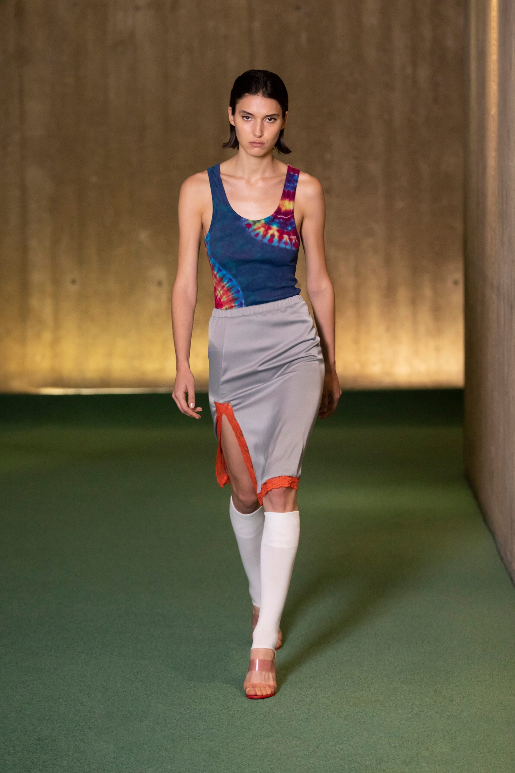 gray cotton asymmetric slit fitted layered skirt