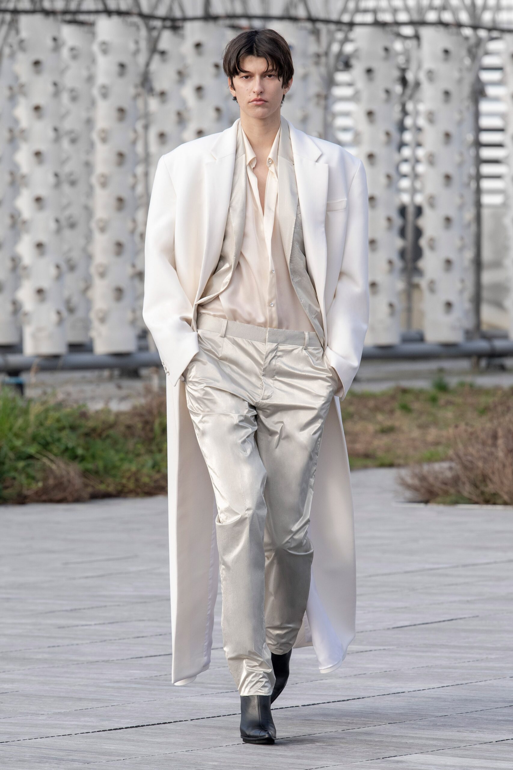gray silk slim straight-leg shiny pants