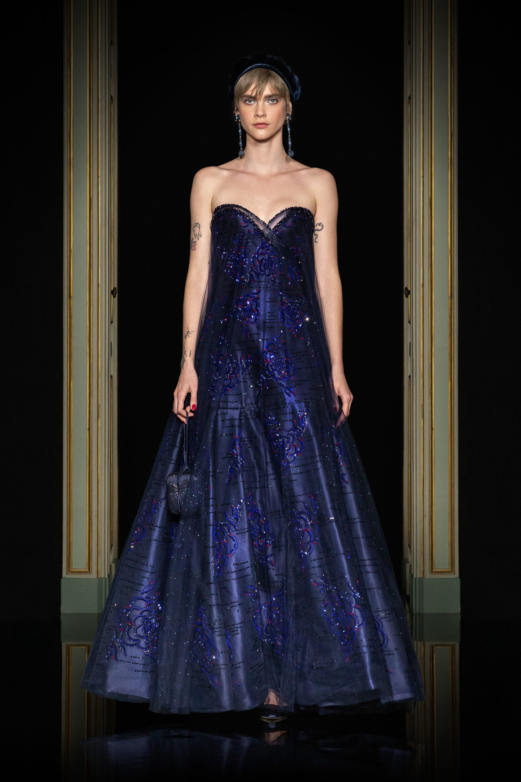 blue silk strapless gown