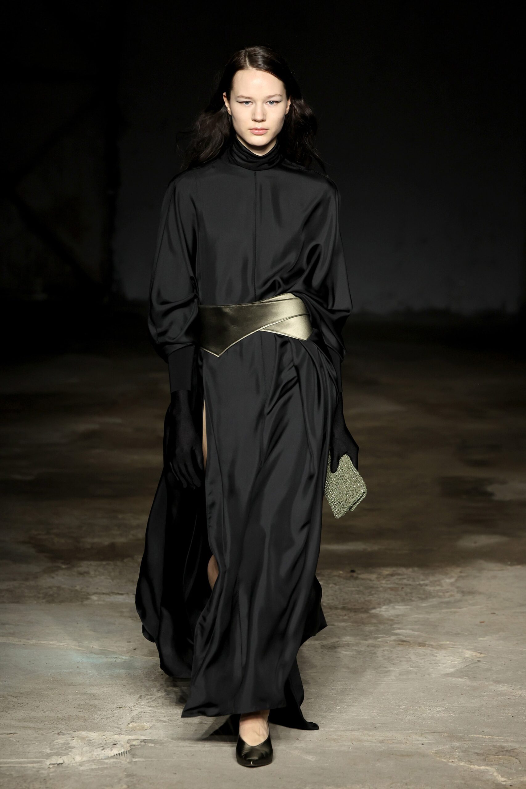 black silk maxi dress with gloves