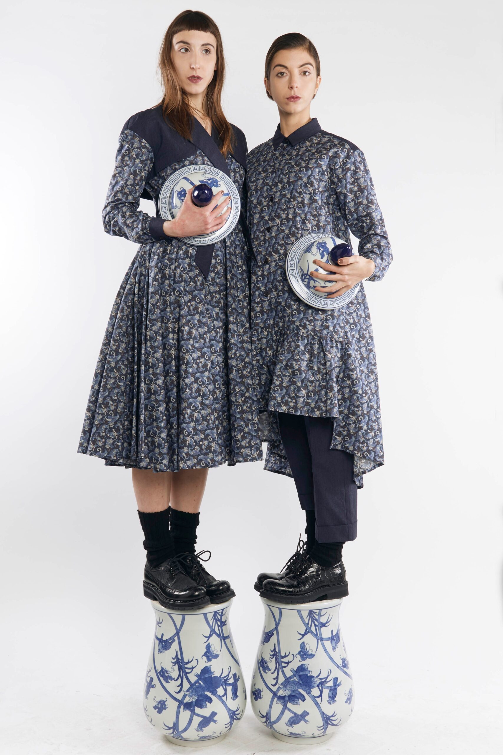 blue printed midi dresses