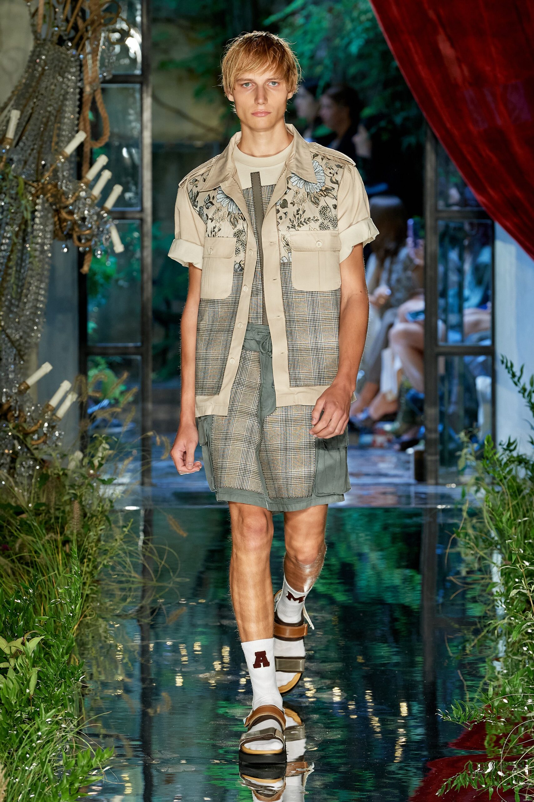 beige embroidered shirt with green shorts