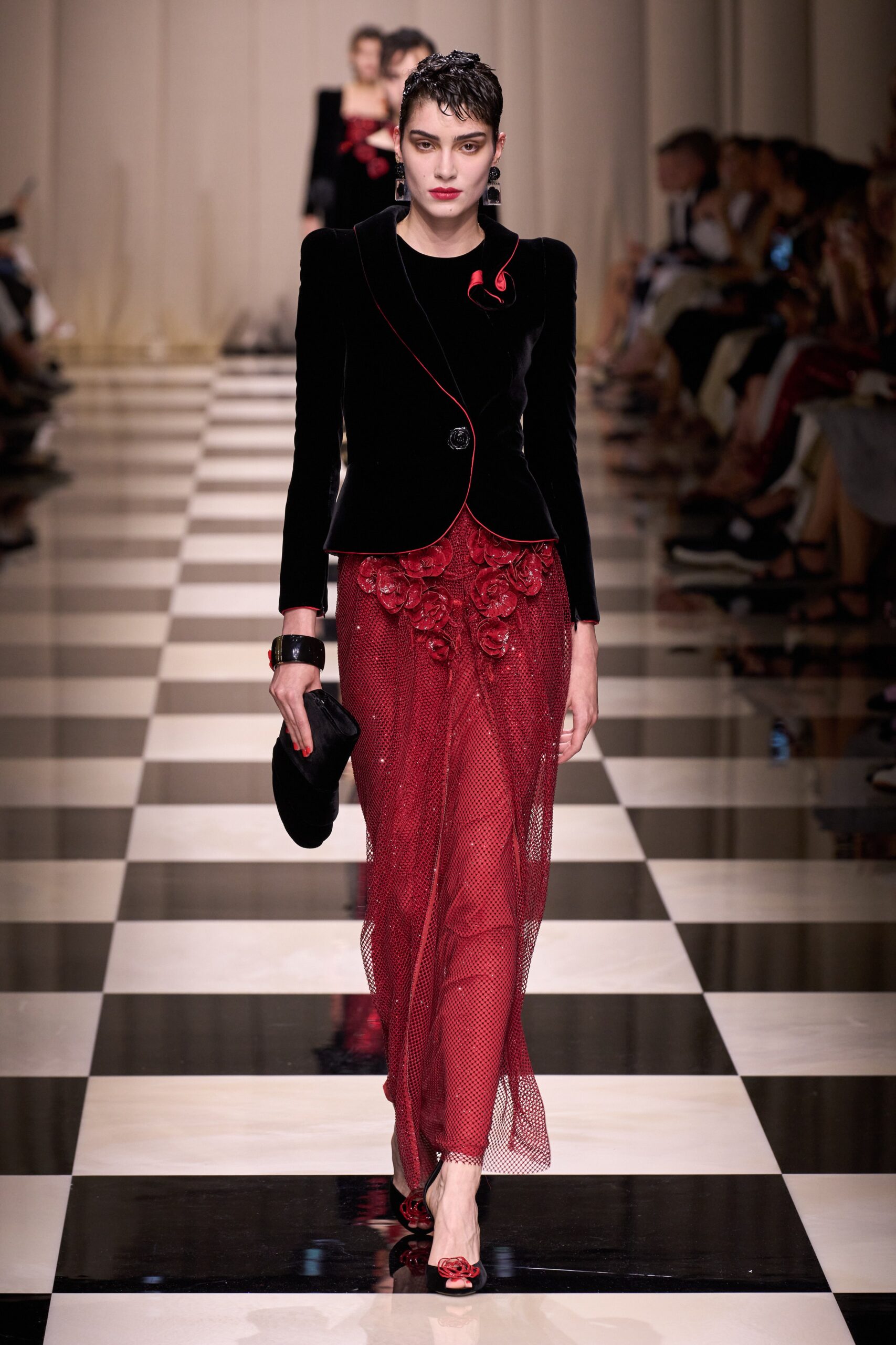 black velvet blazer red mesh gown