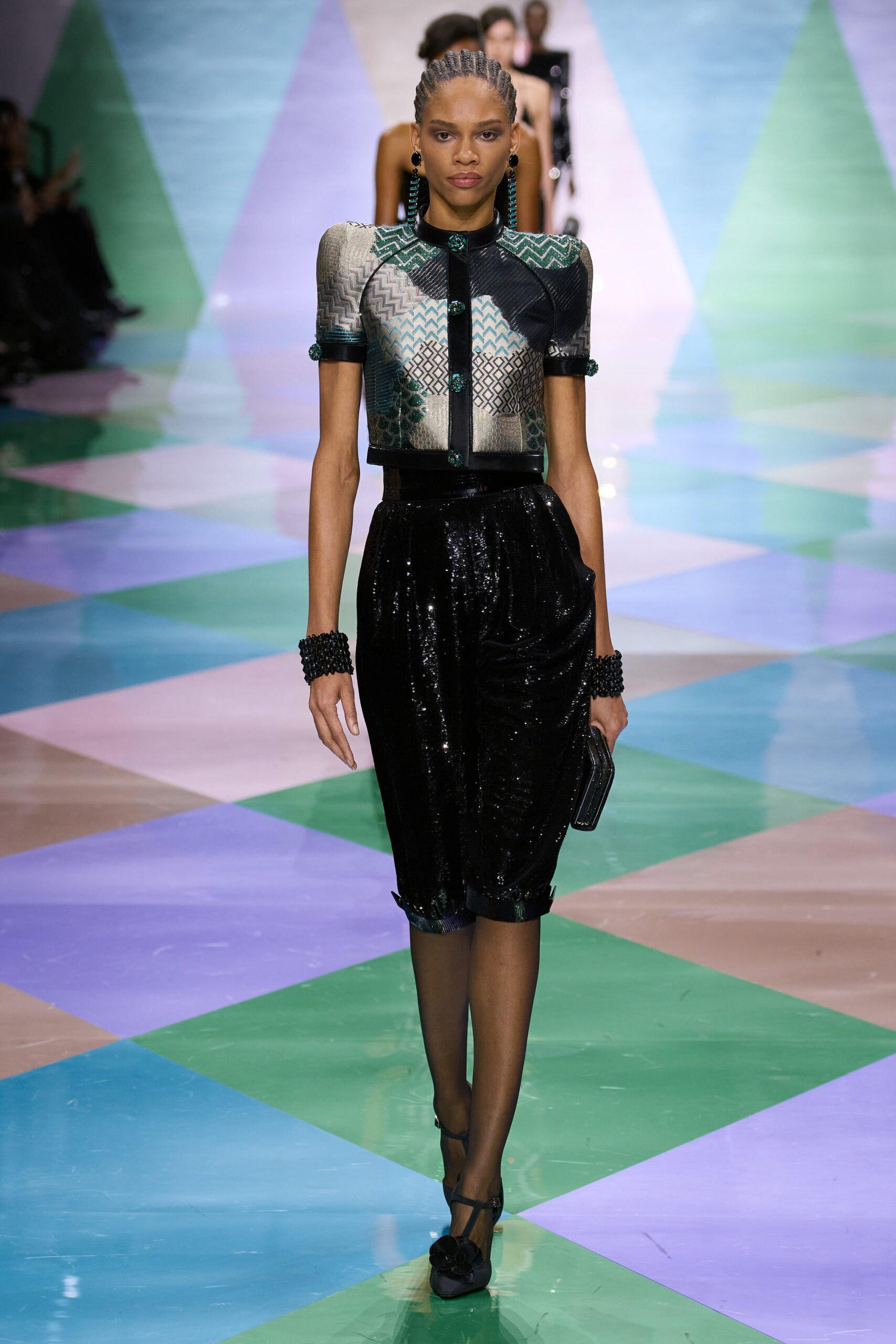 black silk fitted top and skirt