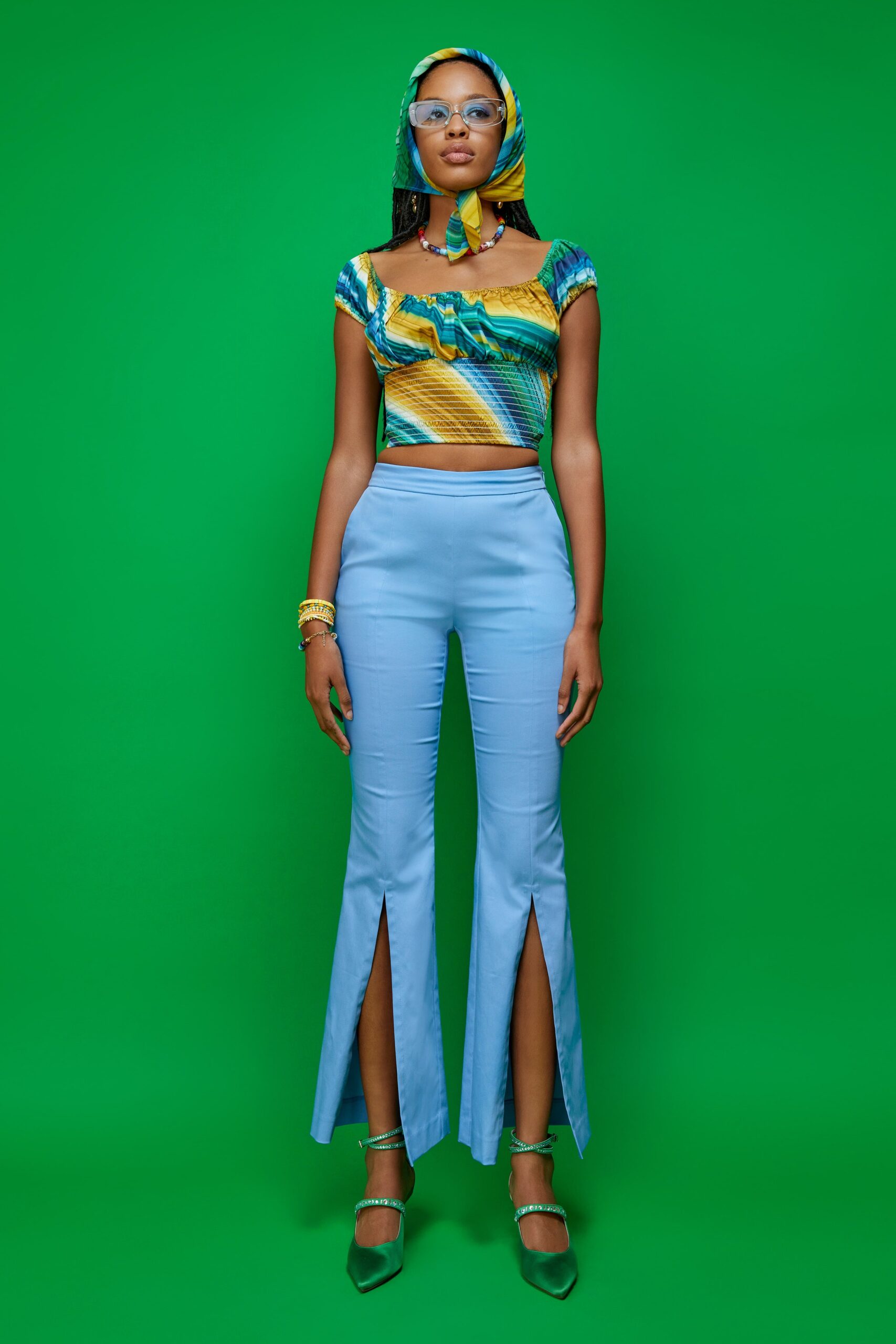 blue slit fitted high-waisted flared pants