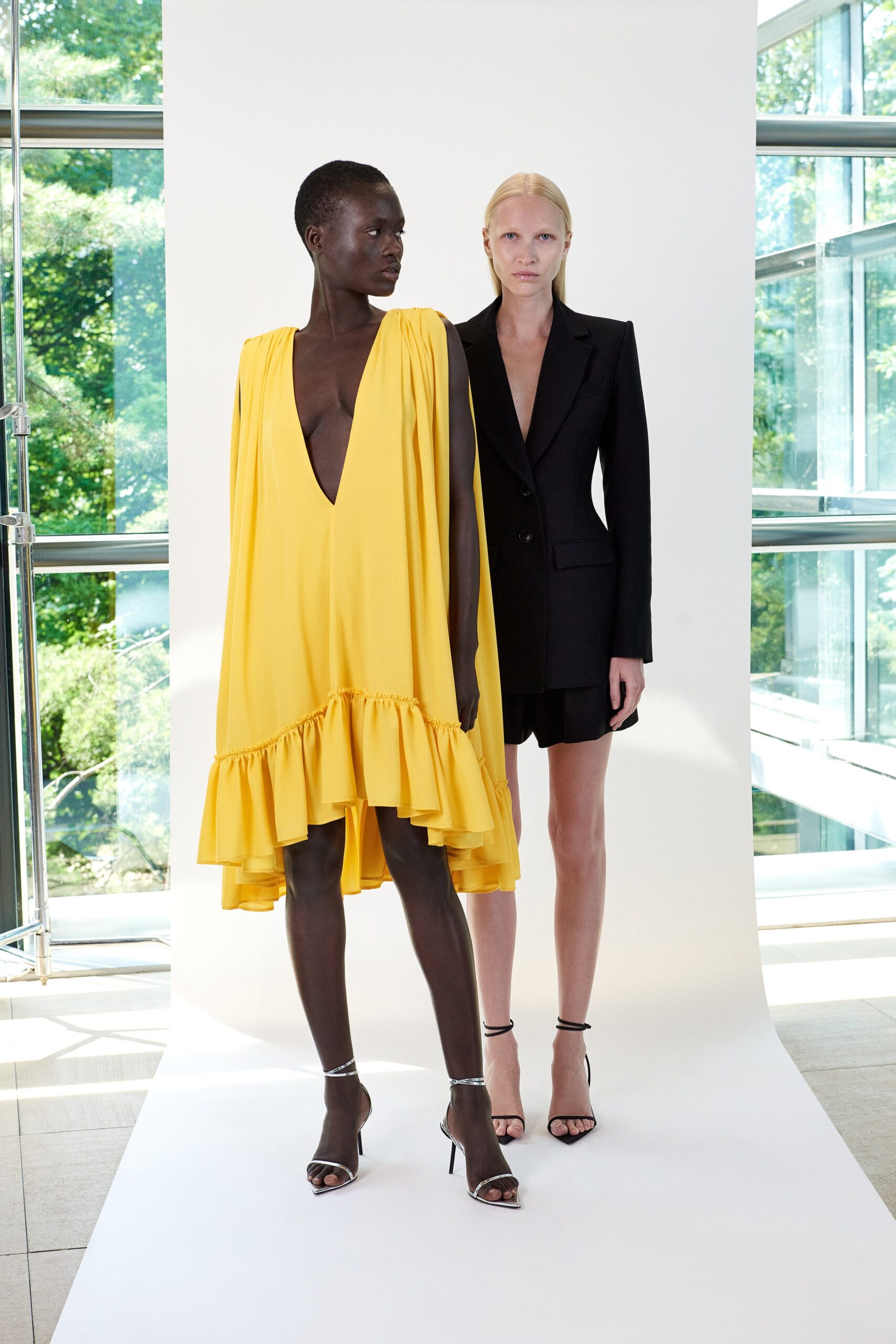 yellow silk sleeveless v-neck relaxed tiered flowing dress