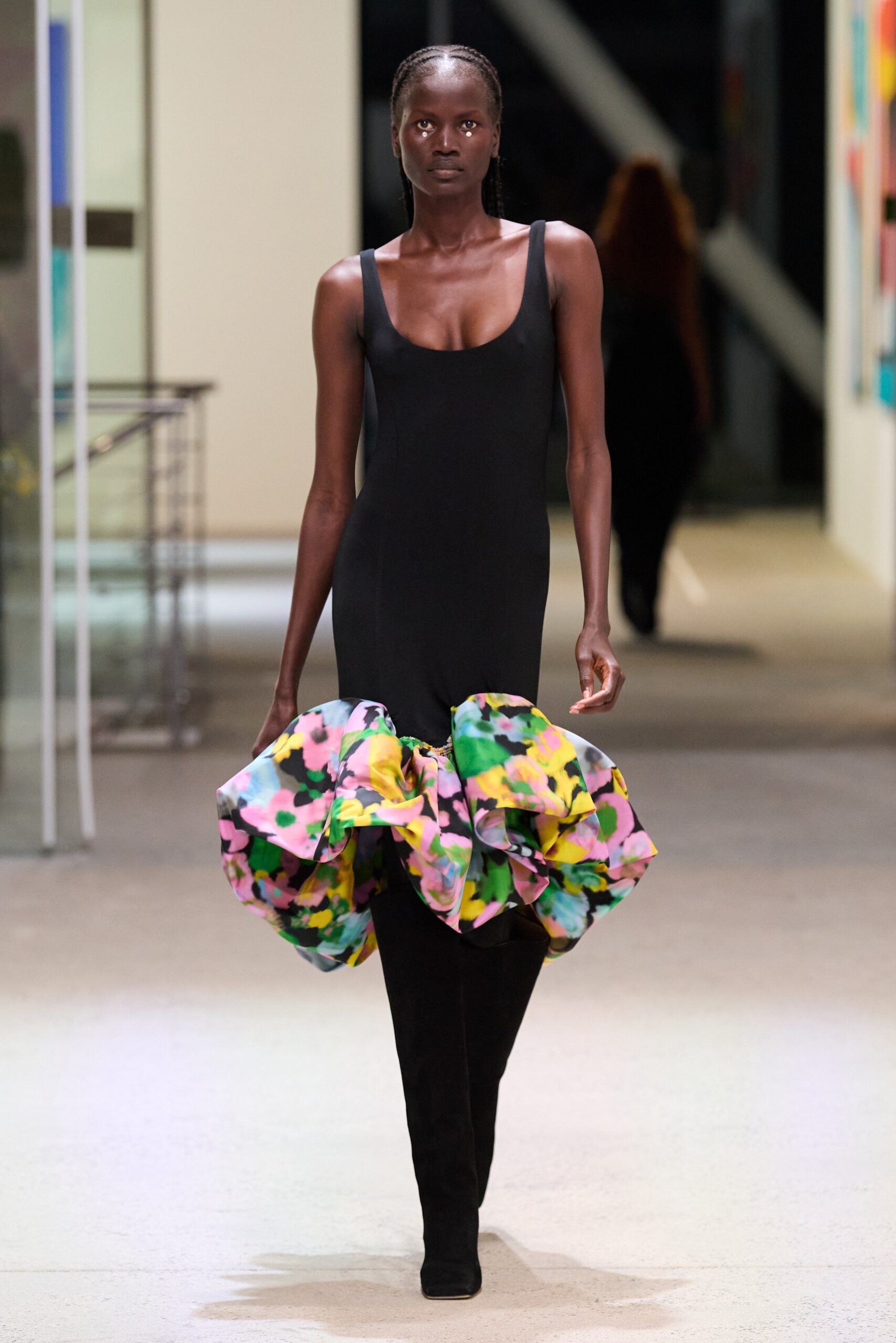 black midi dress with ruffled hem