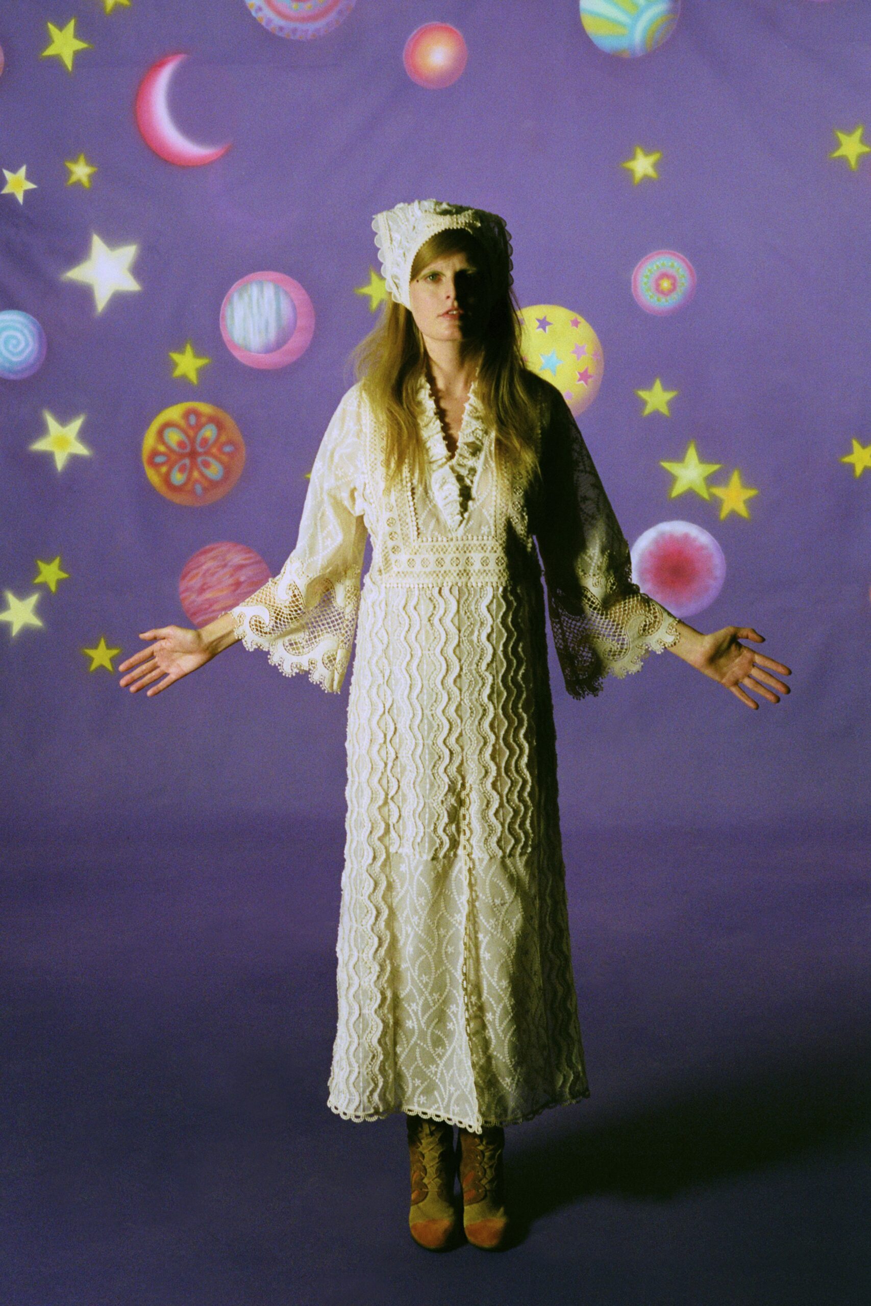 white lace maxi dress with hat