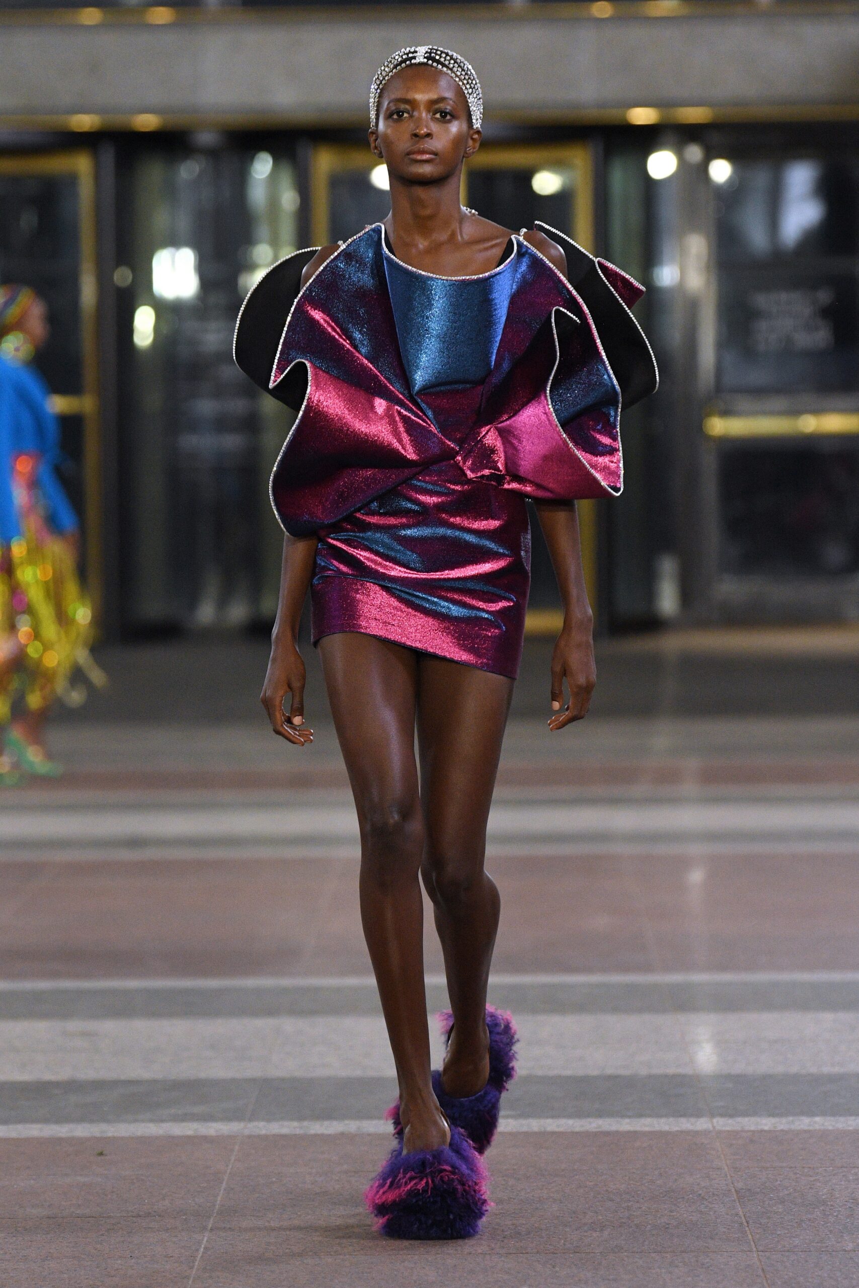 blue and purple ruffled mini dress