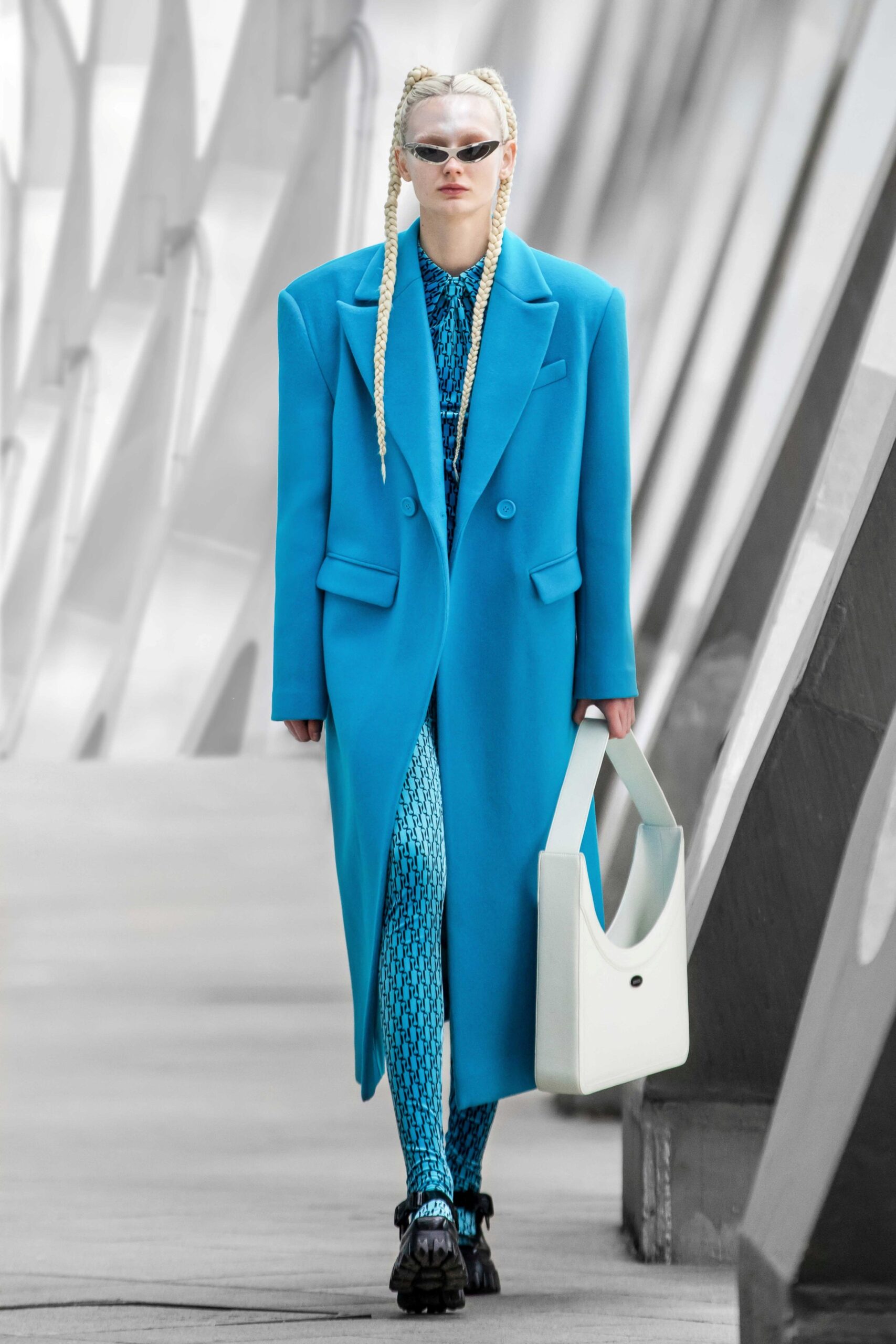 blue oversized coat with jumpsuit