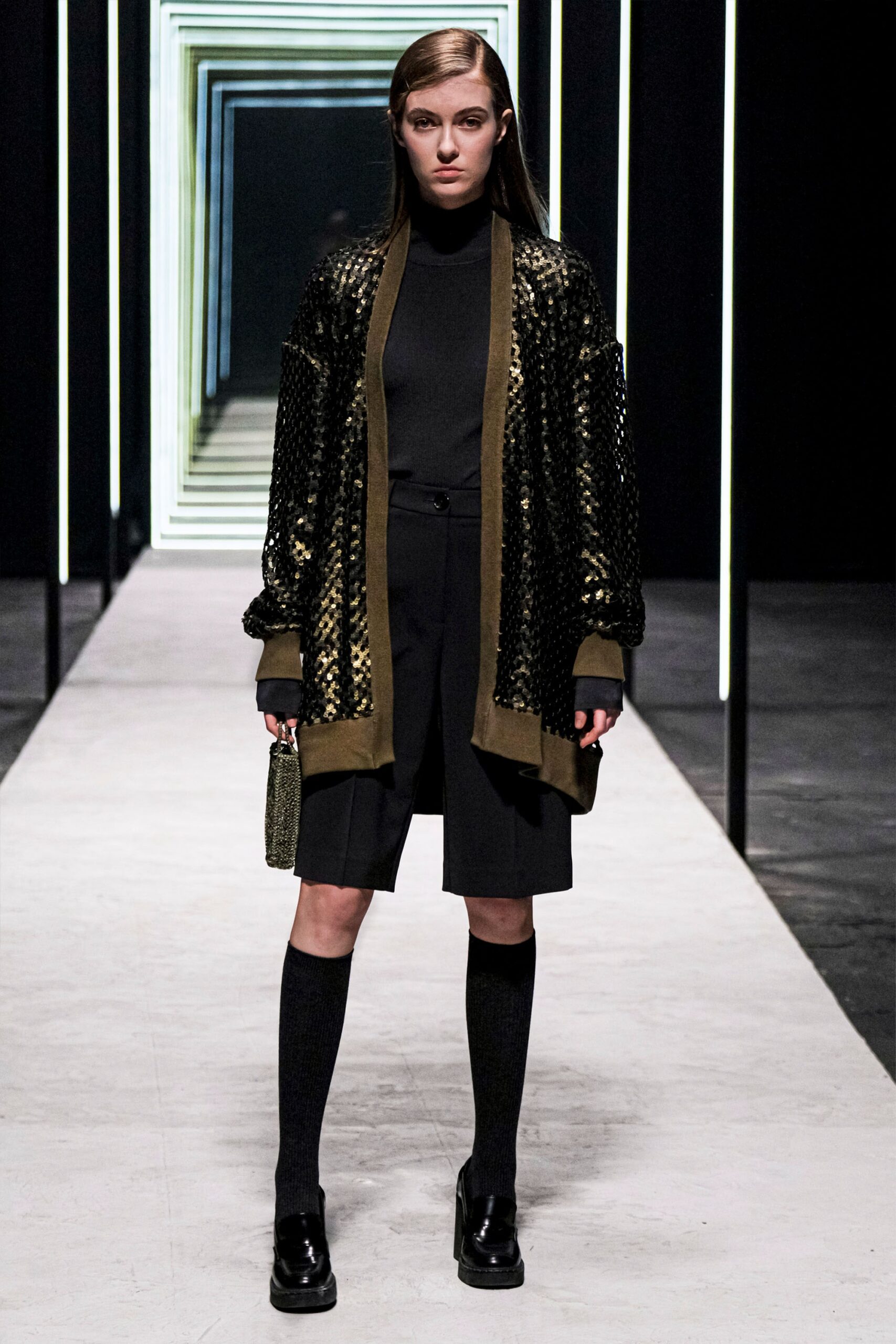 black knit long-sleeve collared relaxed layered zippered cardigan