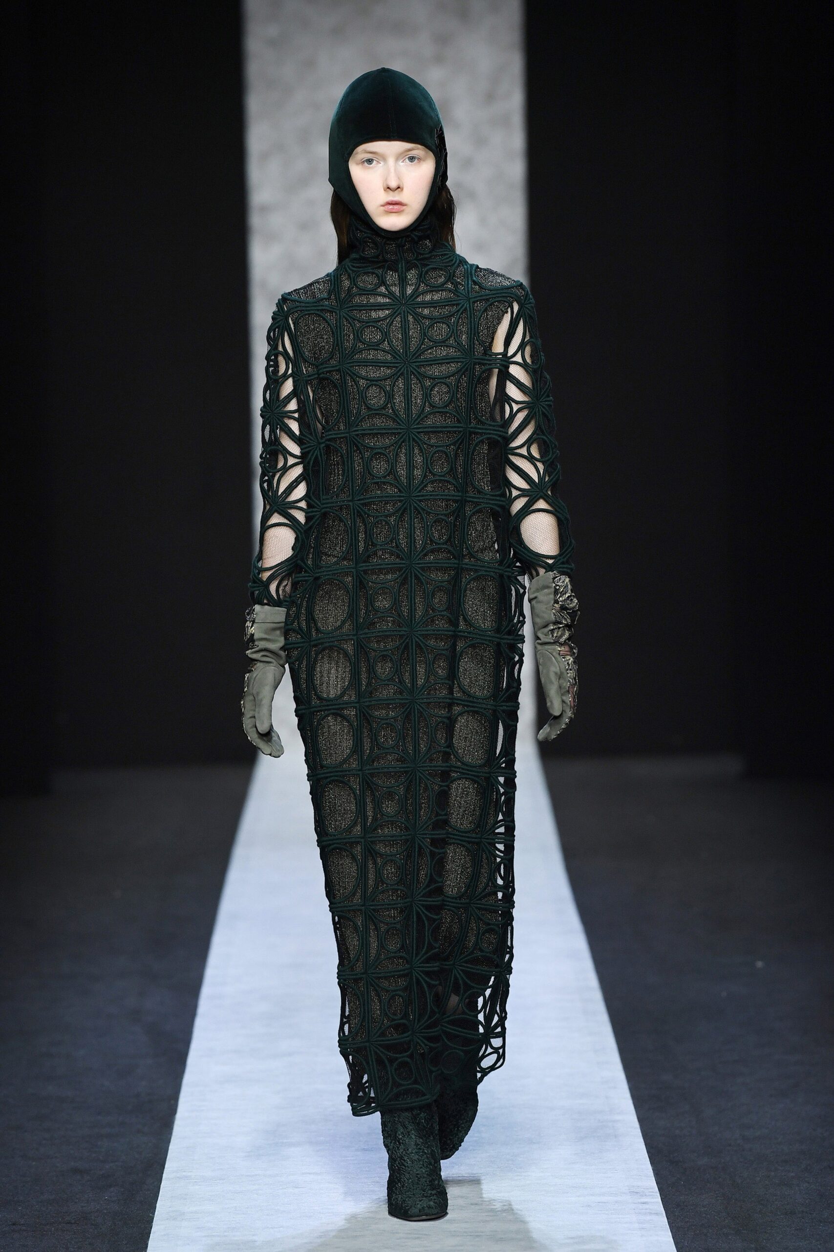 green lace long-sleeve high-neck fitted layered sheer dress