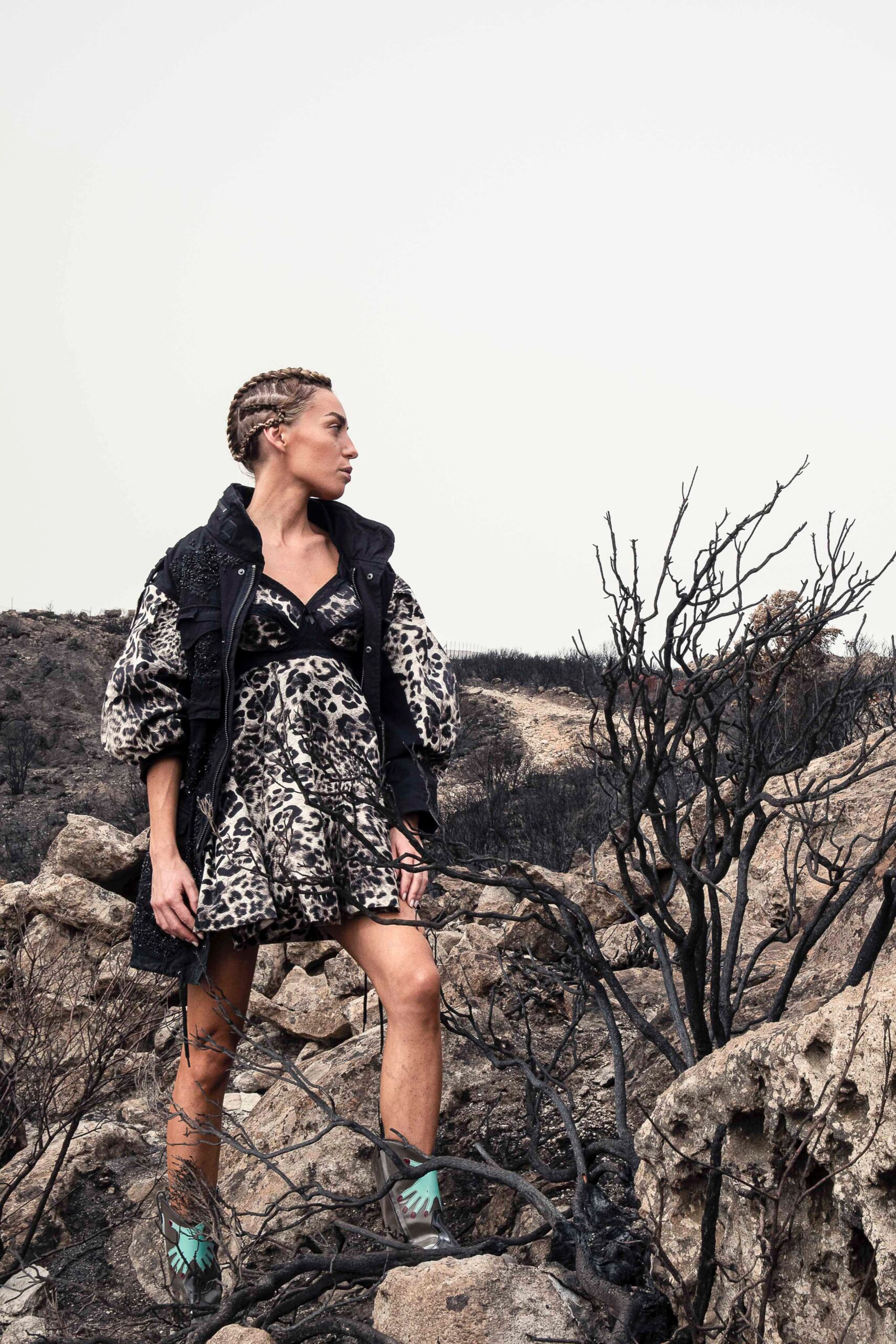 black and beige animal-print mini dress with relaxed jacket
