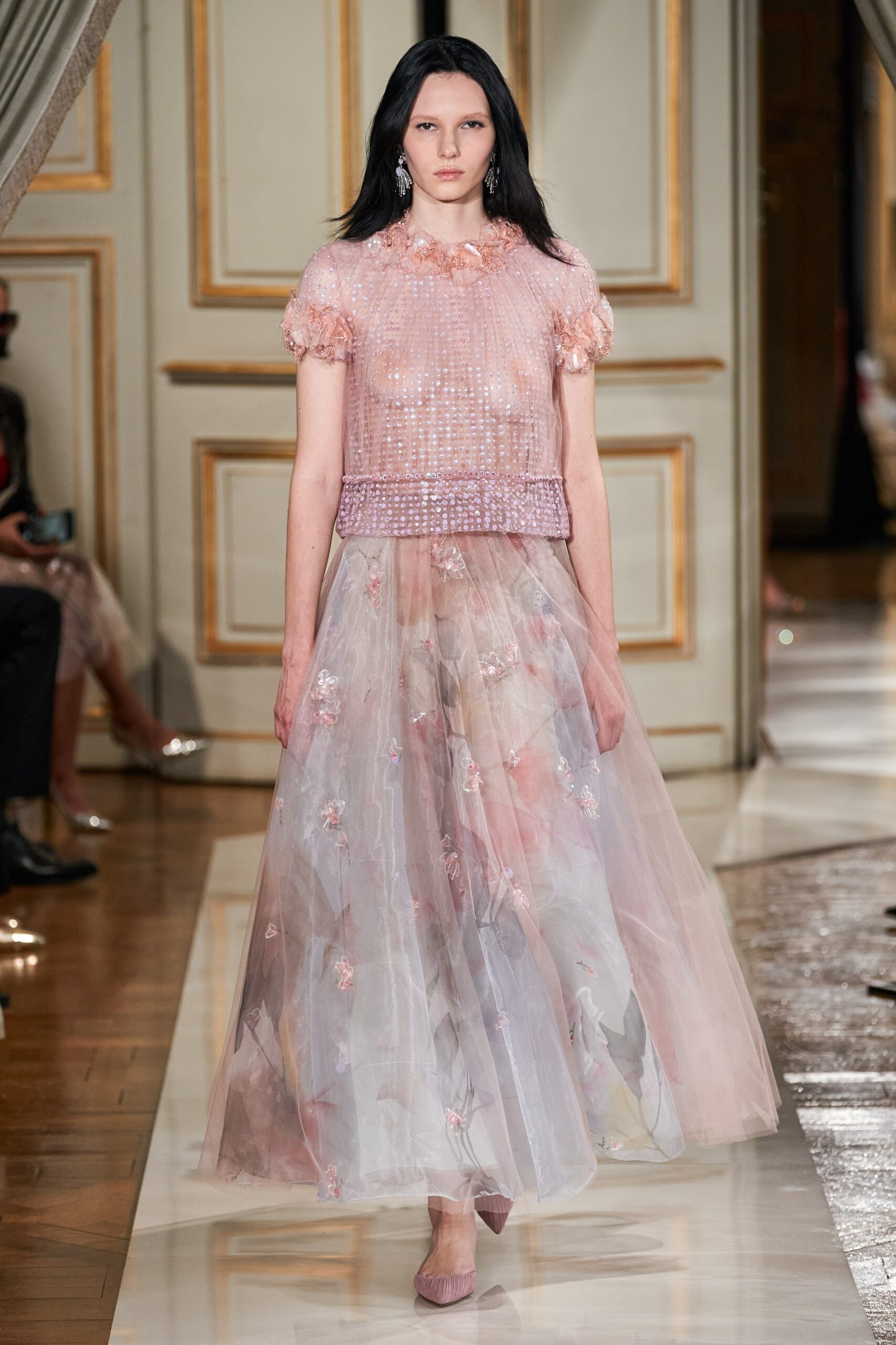 pink embellished top with tiered skirt