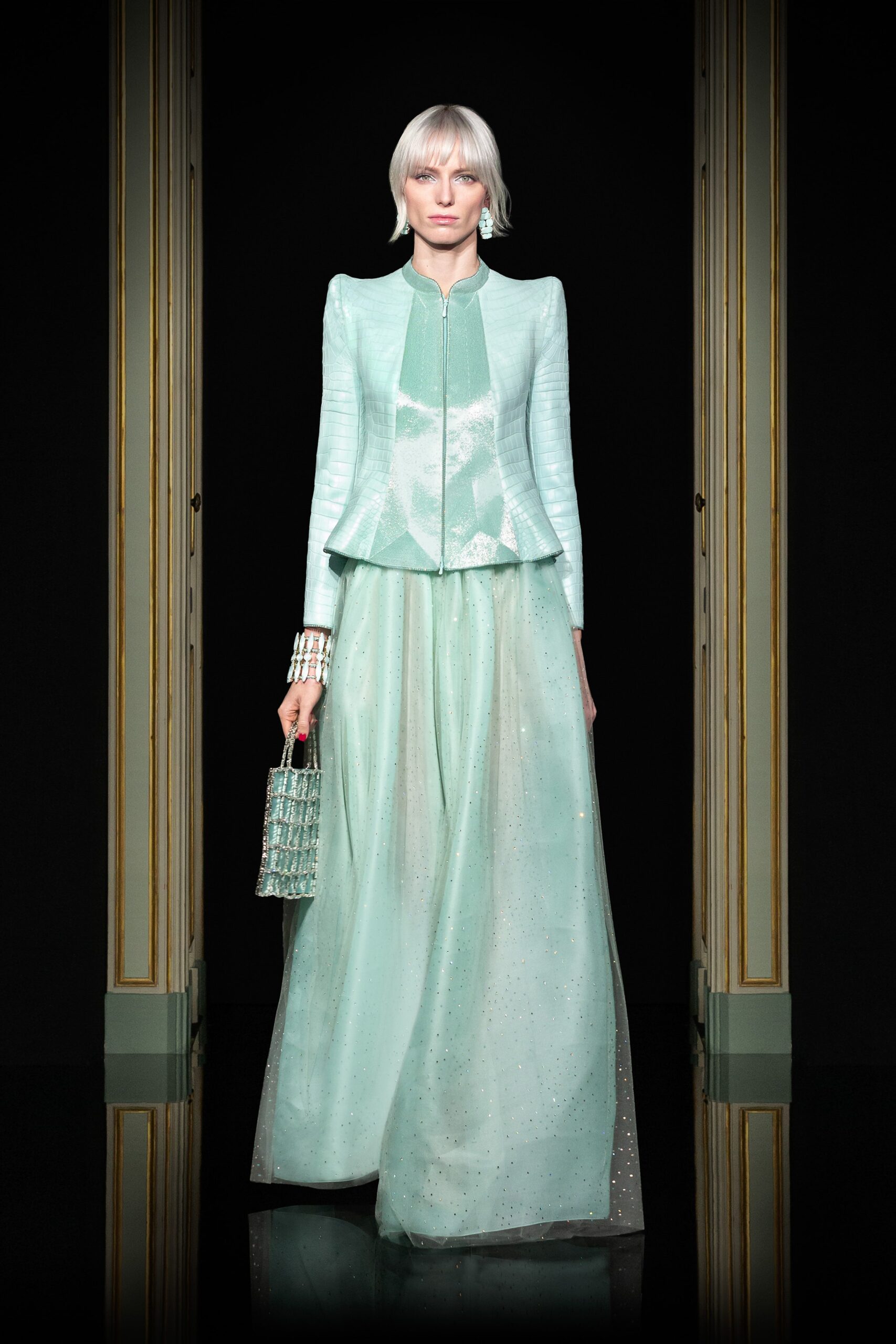 mint silk structured jacket and gown