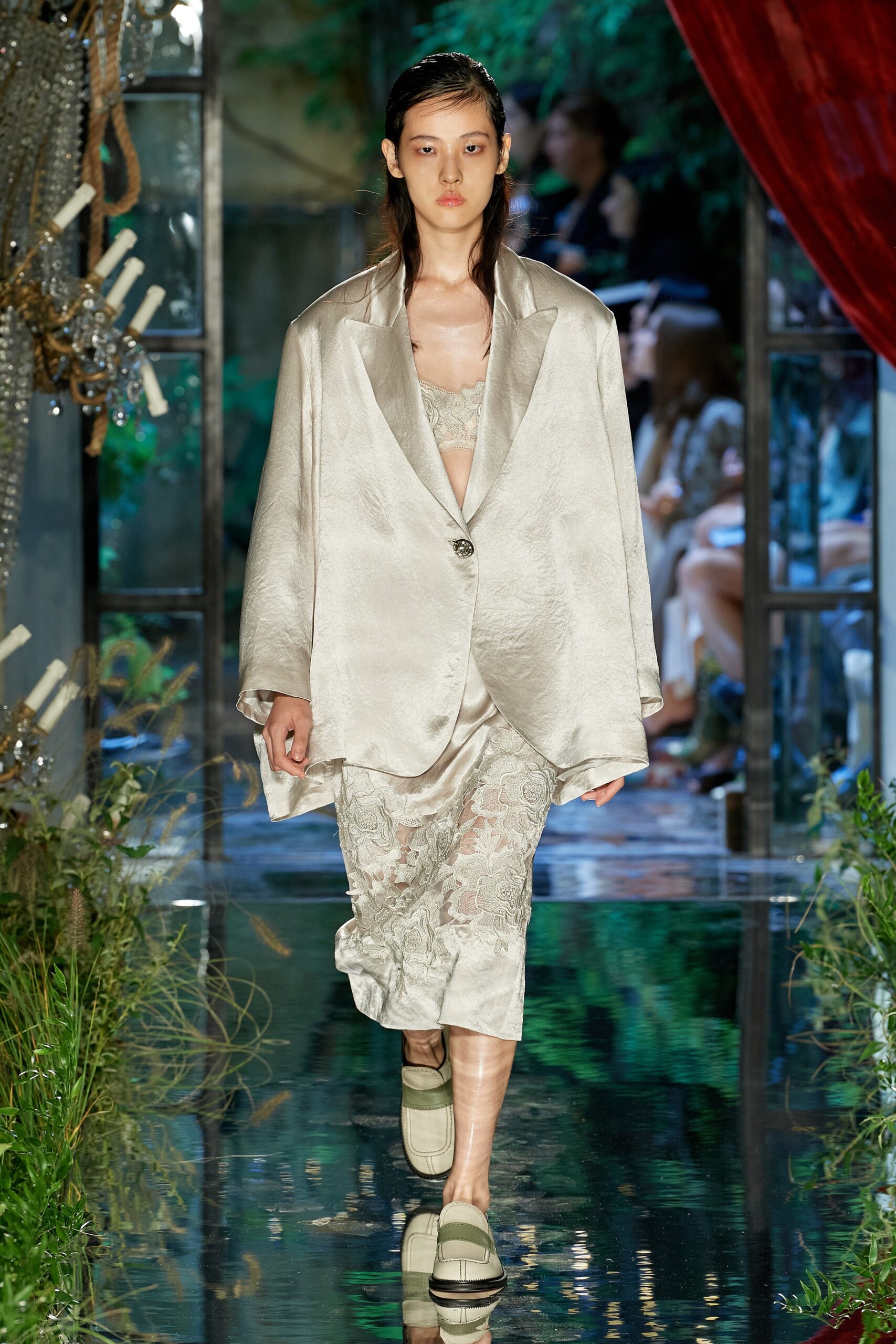 beige oversized blazer with white lace dress