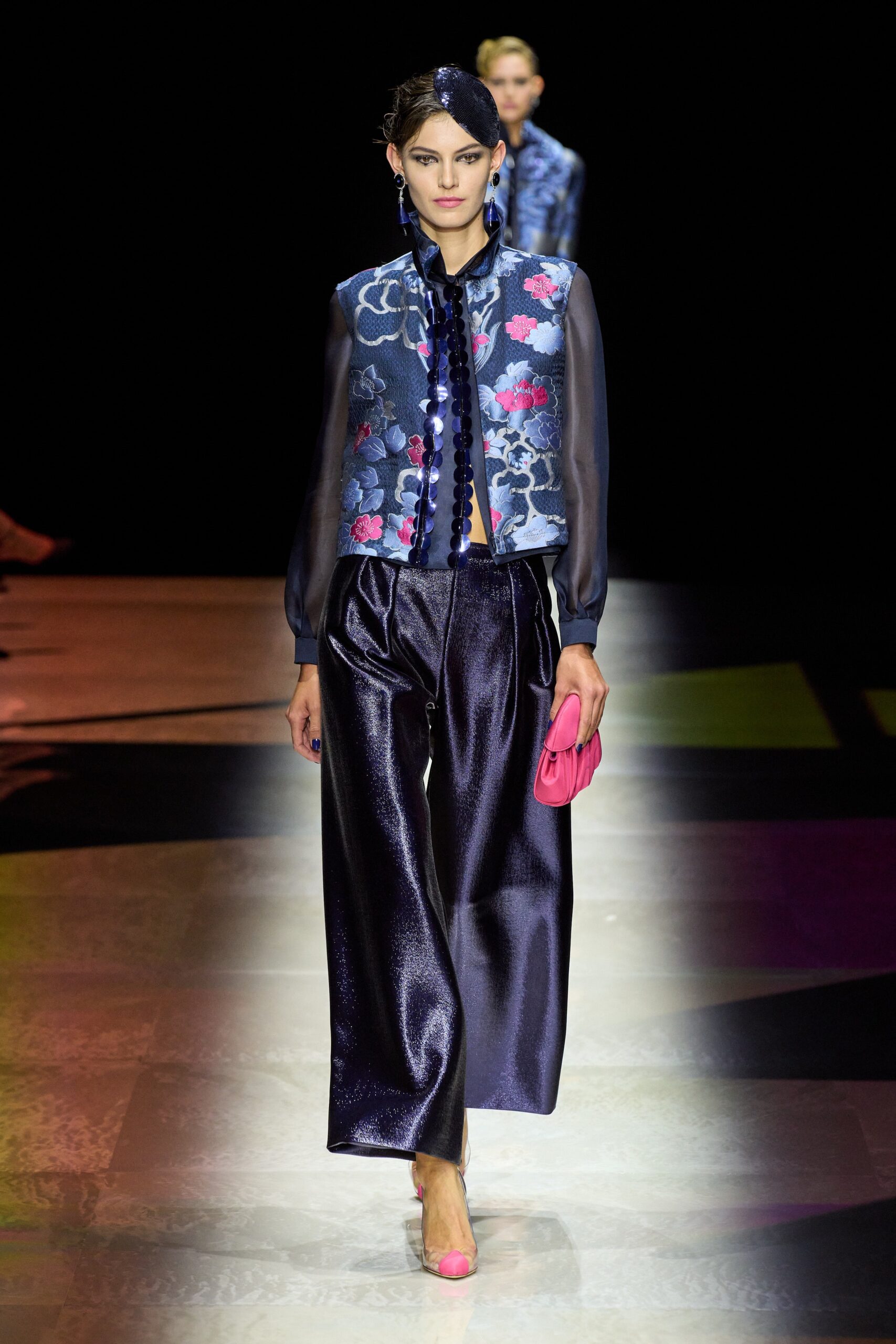 blue embroidered top with wide-leg pants