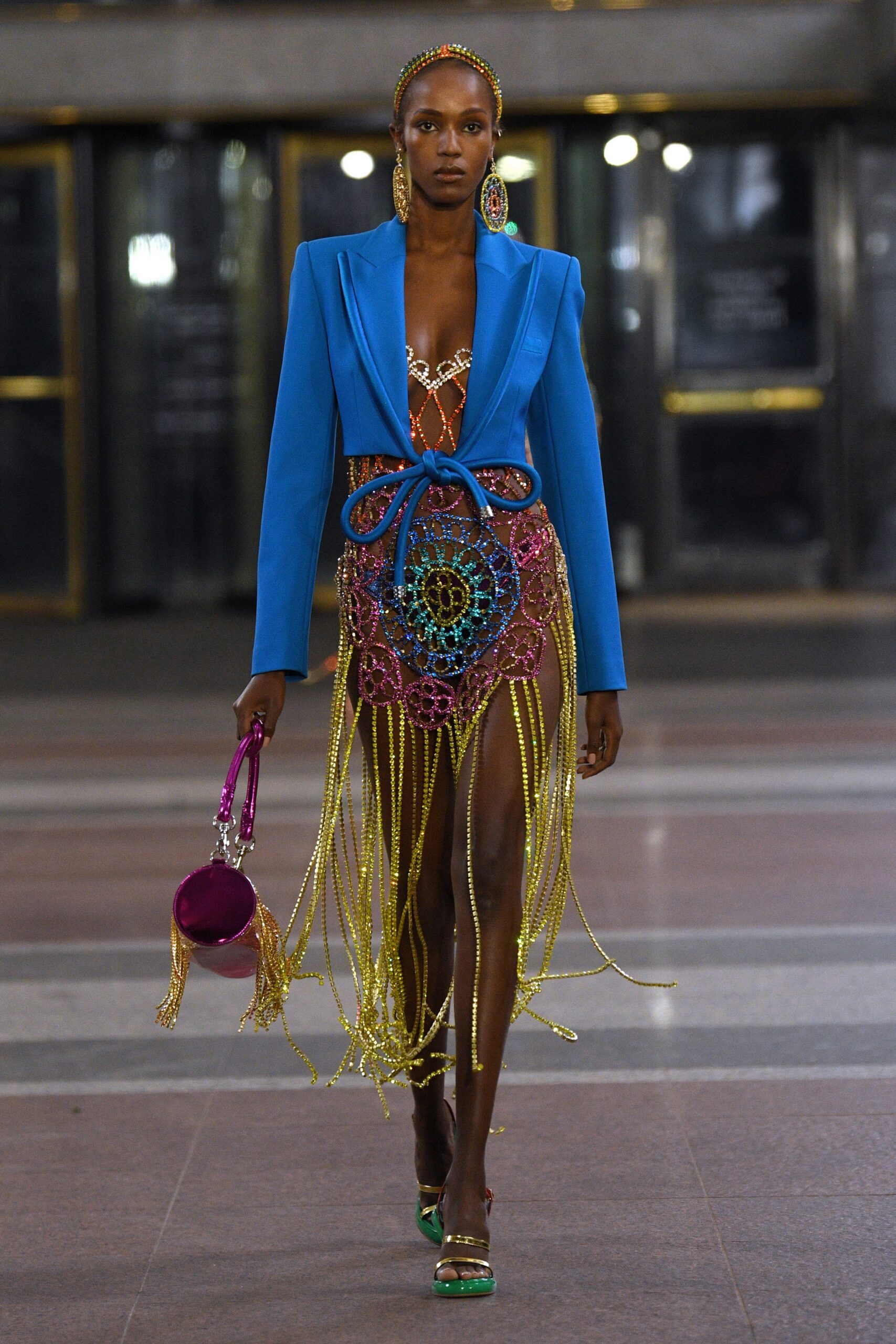 blue blazer and multi dress