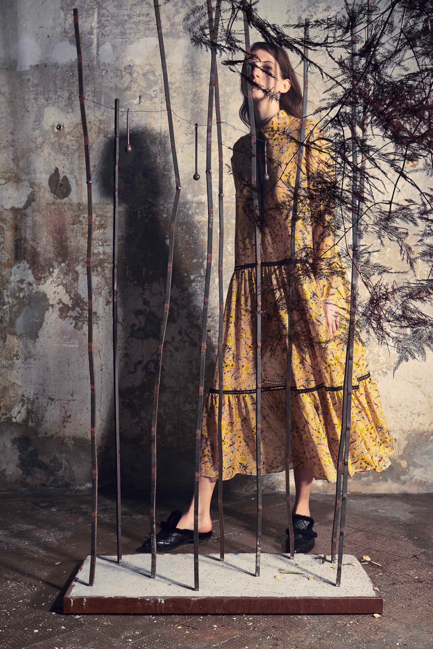 yellow floral midi dress