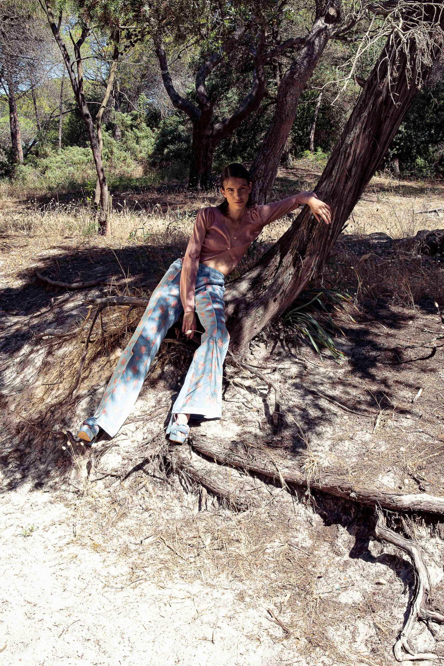 brown fitted top with flared pants