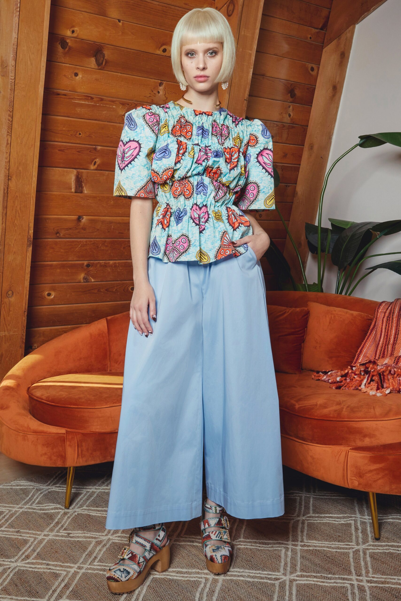 multi cotton short-sleeve off-shoulder relaxed ruffled top