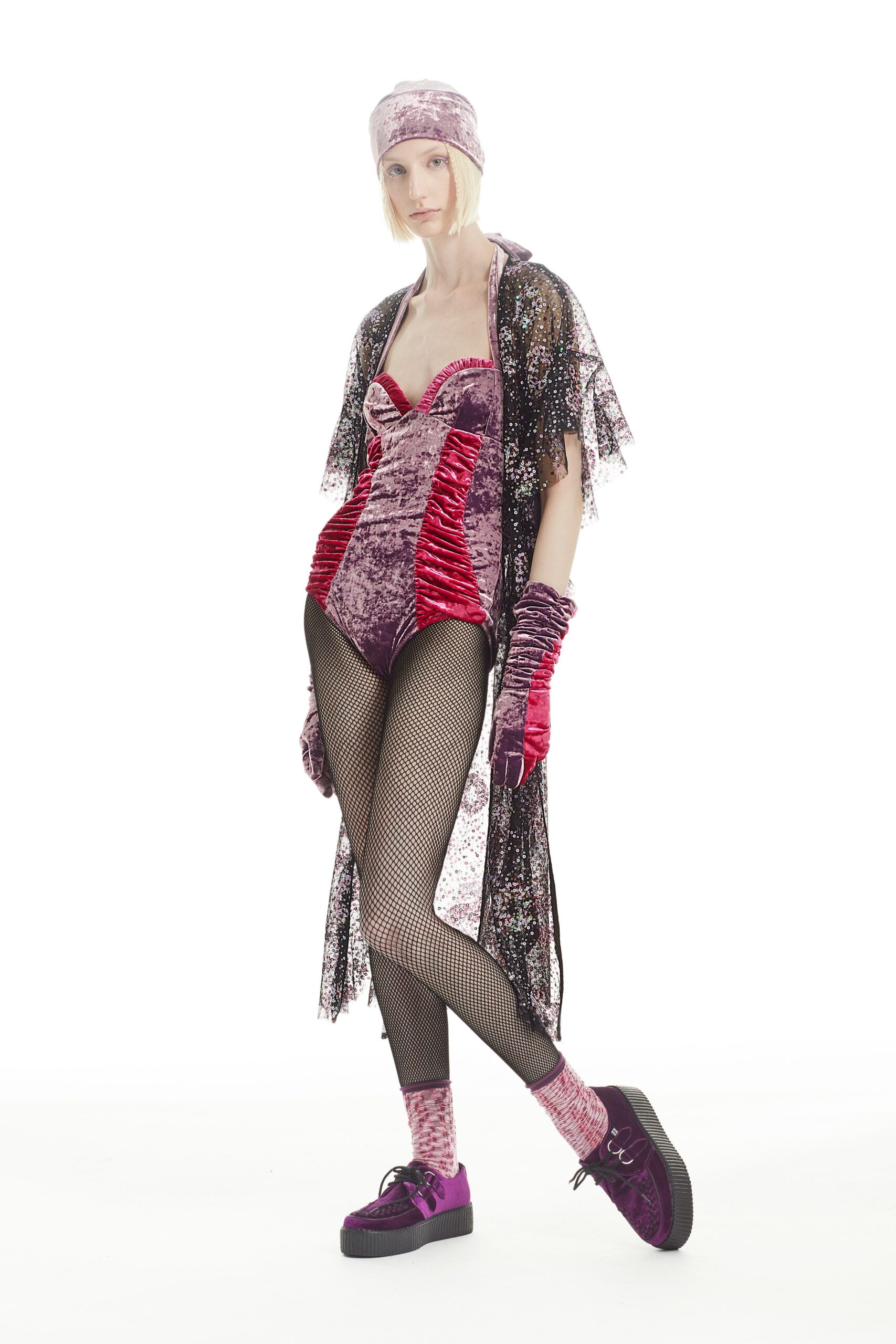 pink velvet bodysuit with lace kimono