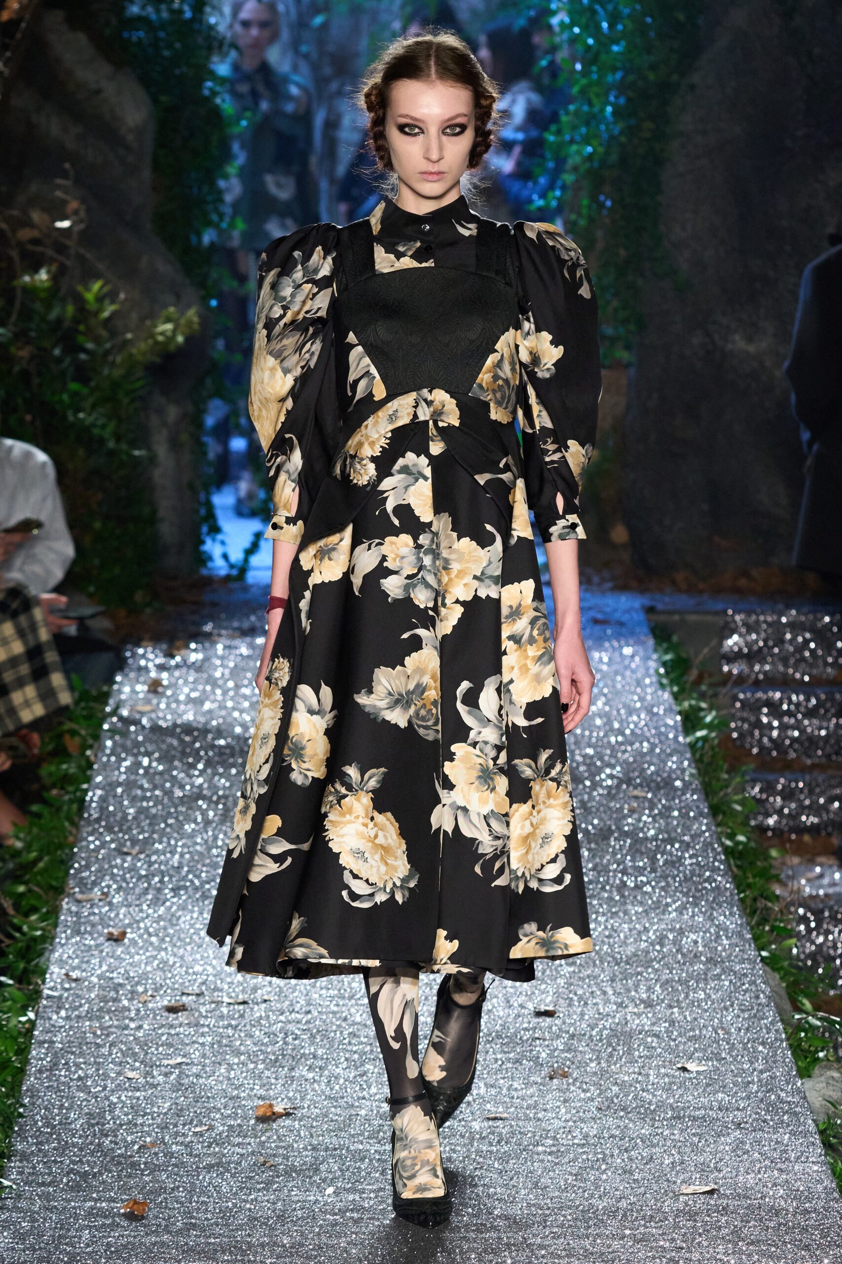 black floral midi dress with fitted pants