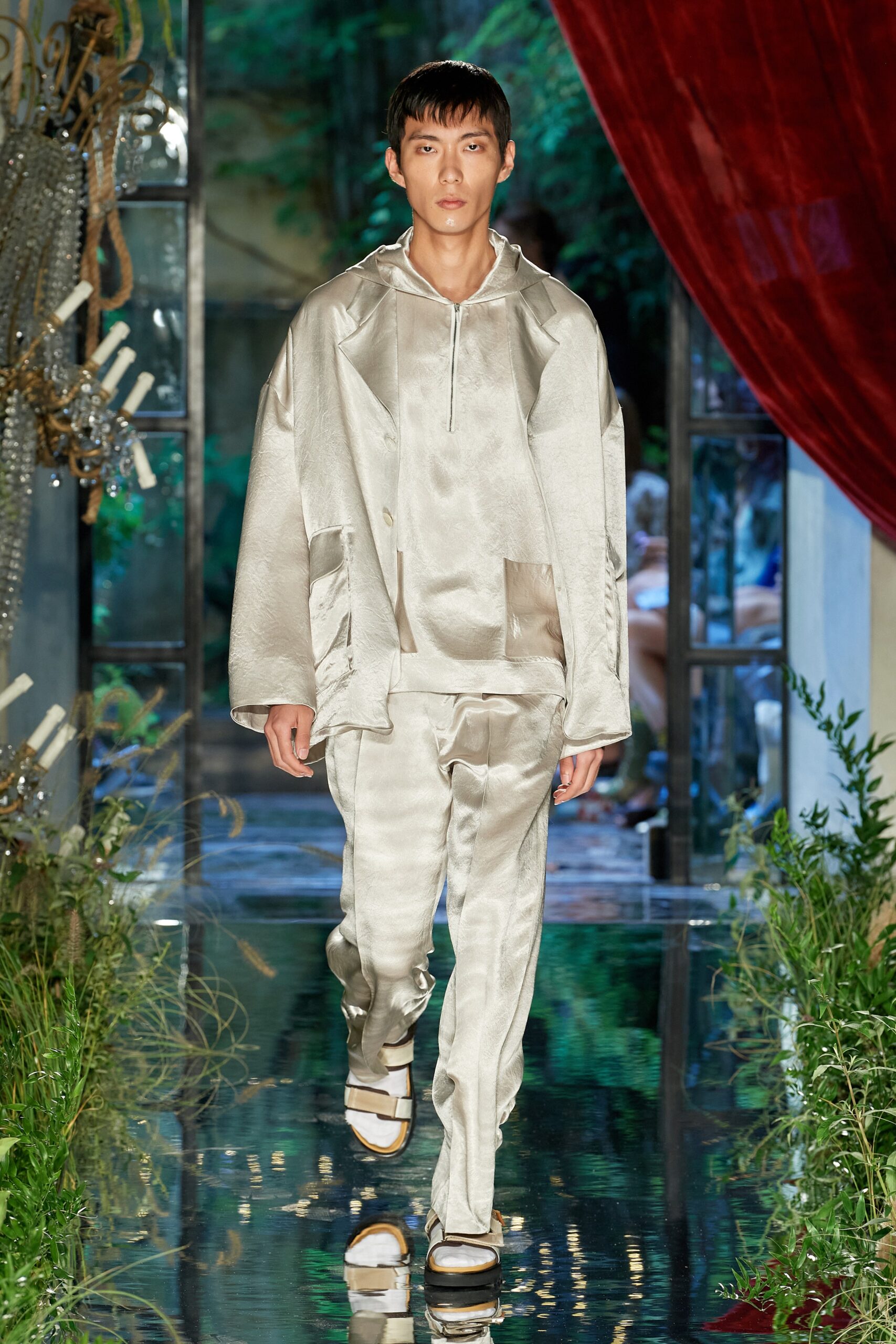 silver silk oversized jacket and relaxed pants