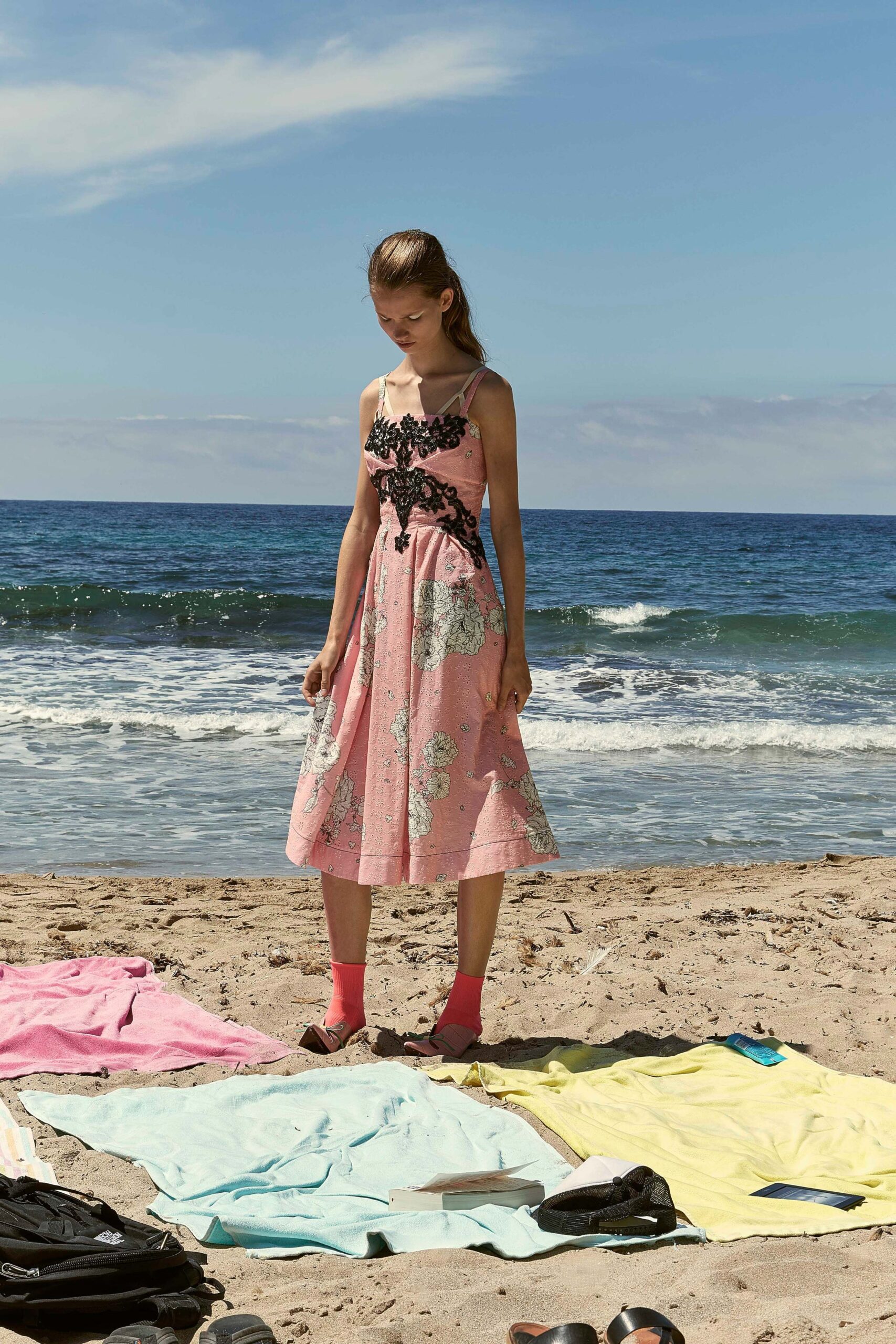 pink floral midi dress with open-toe shoes