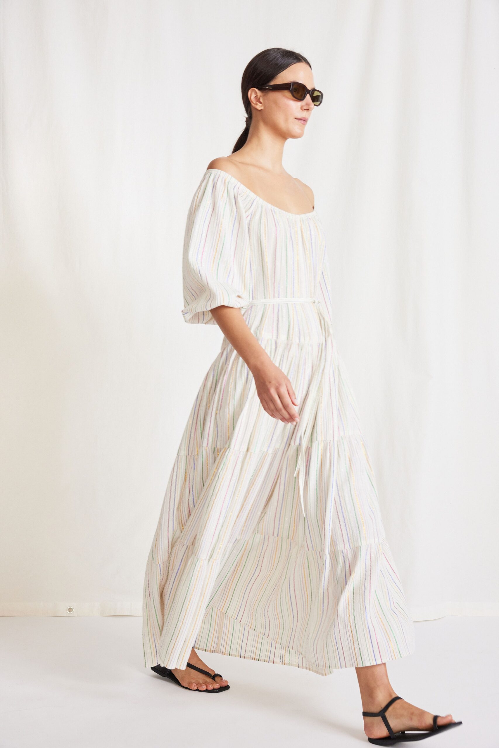 white multi-striped off-shoulder dress