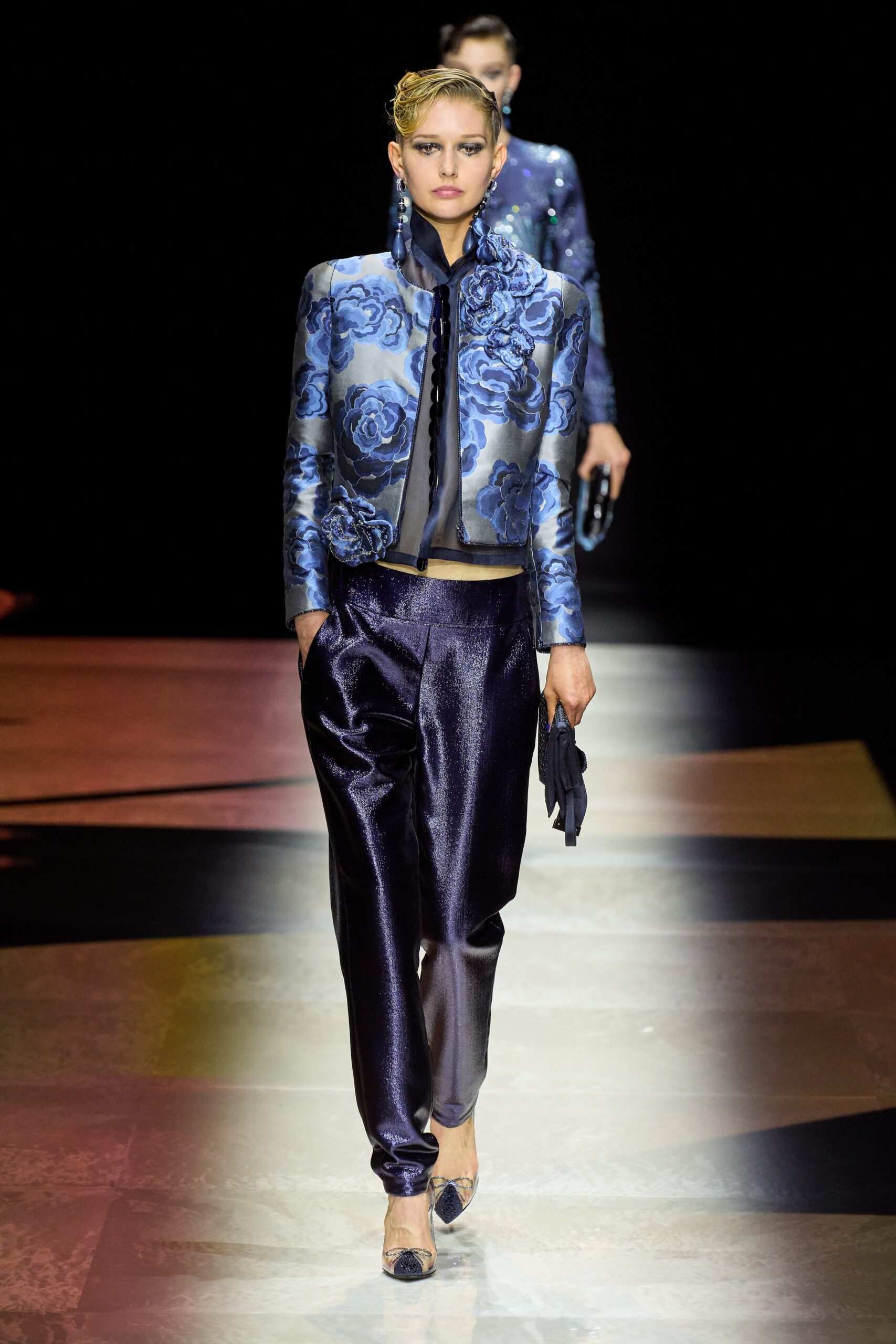 blue floral silk jacket and purple satin pants