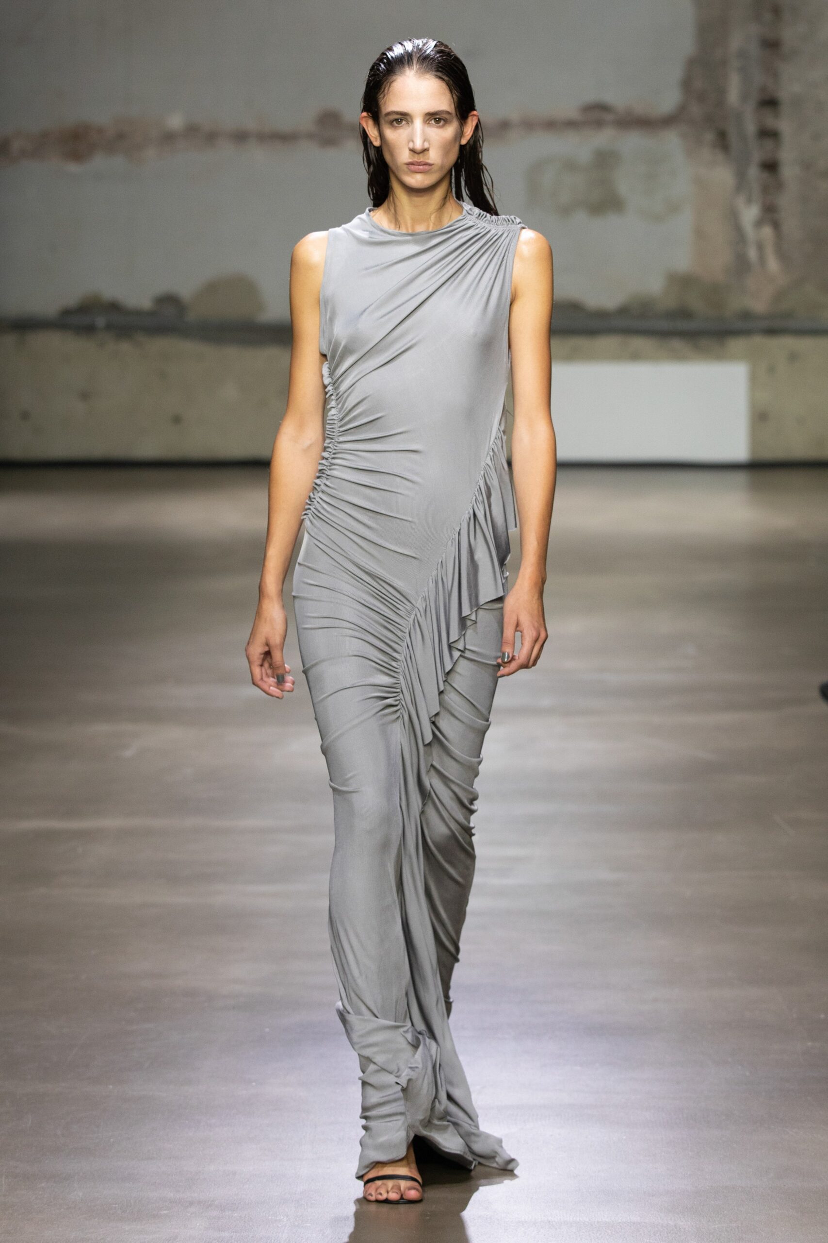 gray silk fitted gown