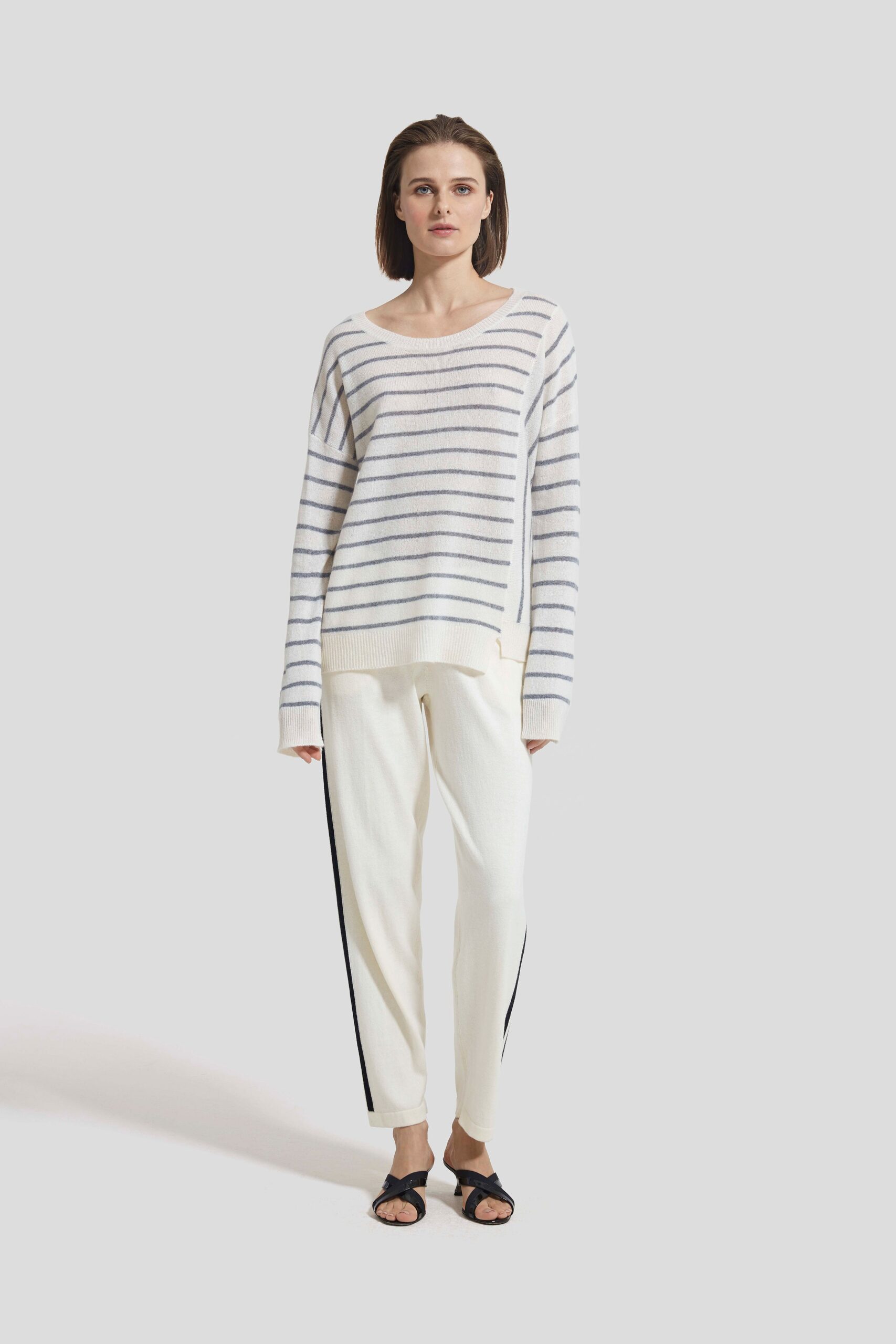 striped white relaxed sweater and pants