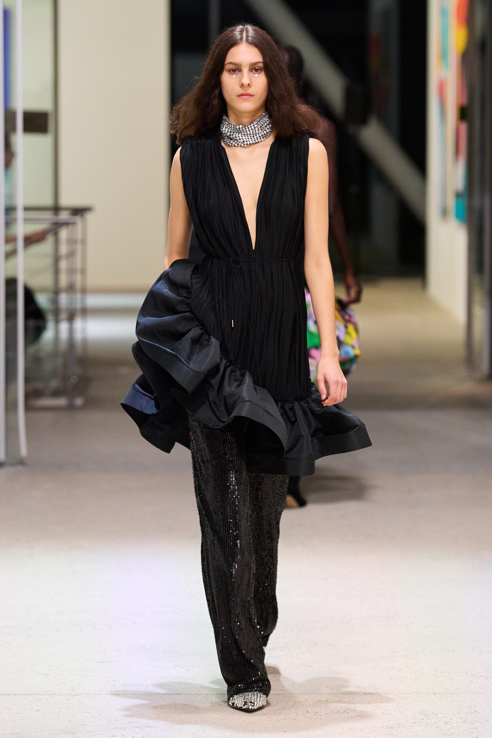 black pleated midi dress with slim pants