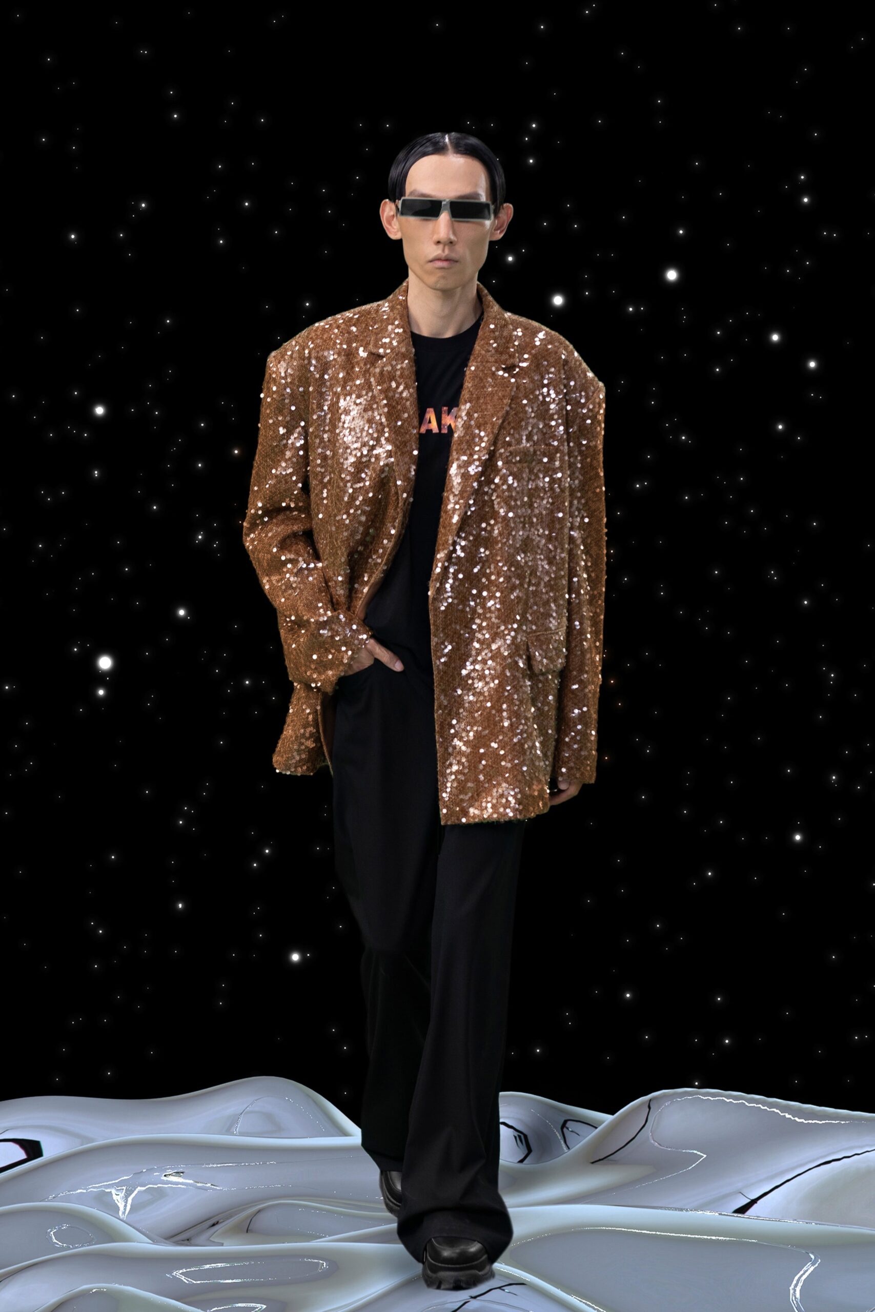 gold sequin jacket black t-shirt black pants