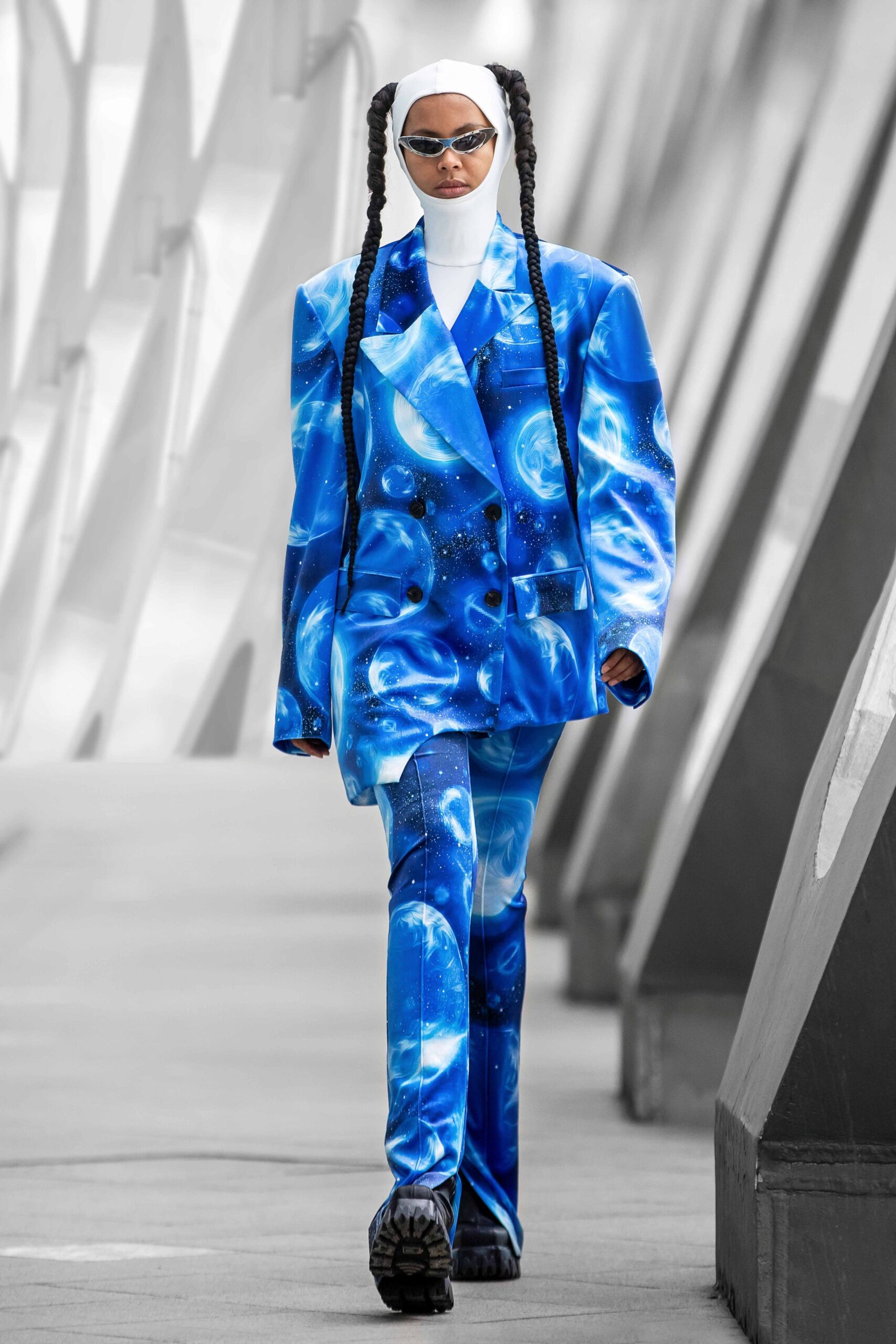blue printed tailored suit