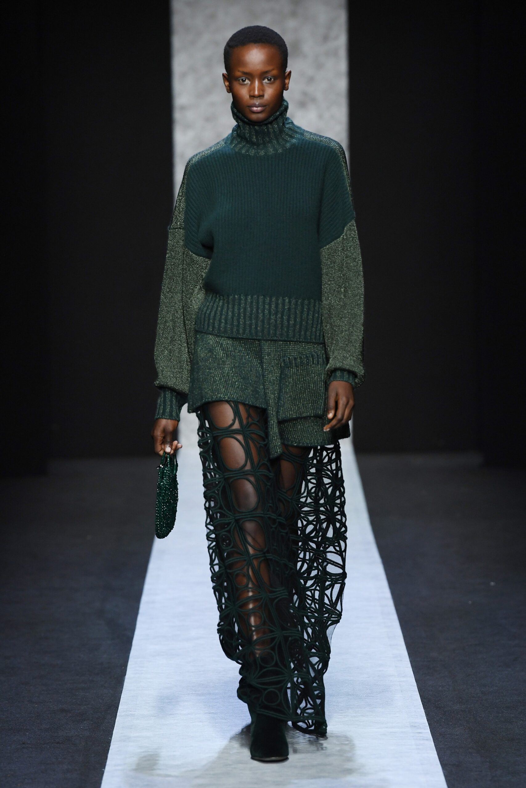 green wool long-sleeve turtleneck fitted layered short sweater