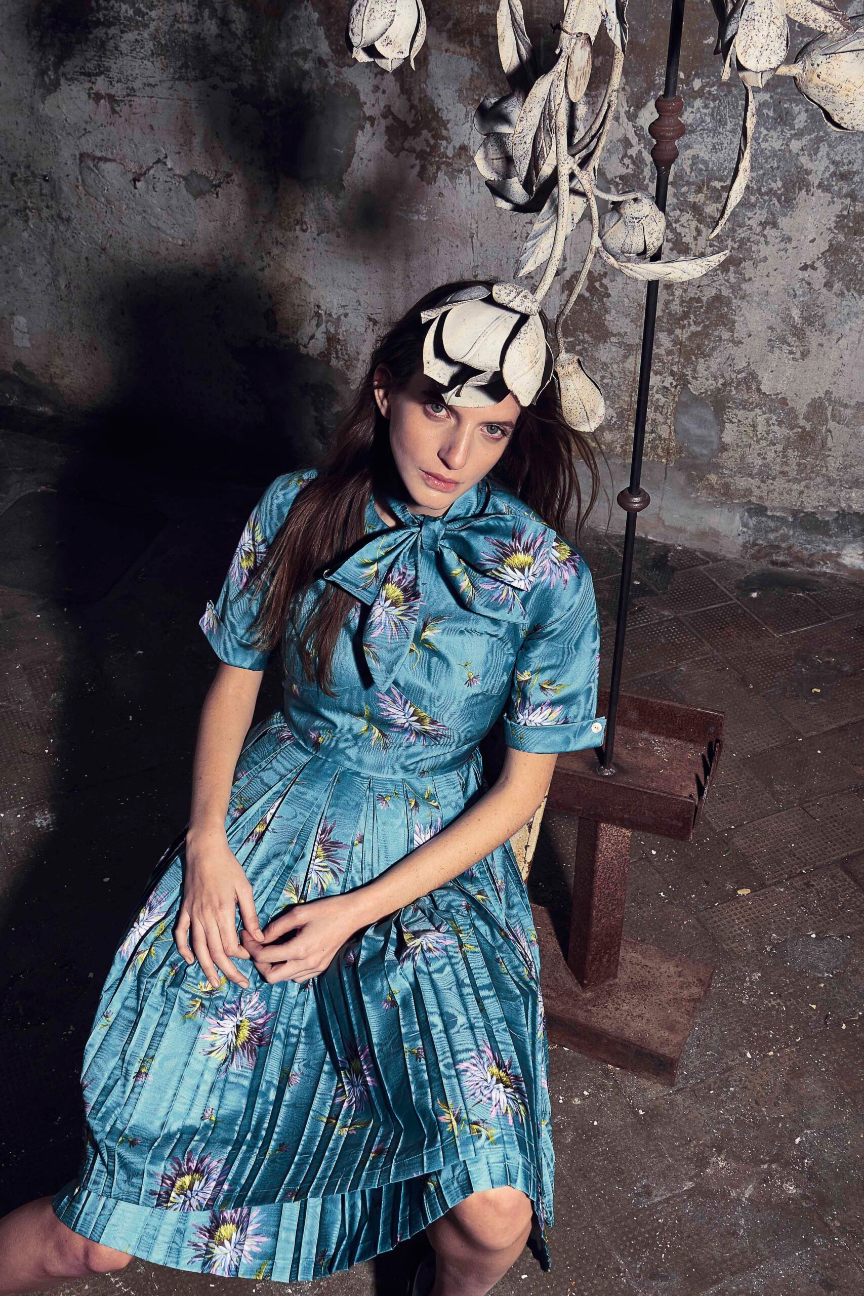 blue silk pleated dress