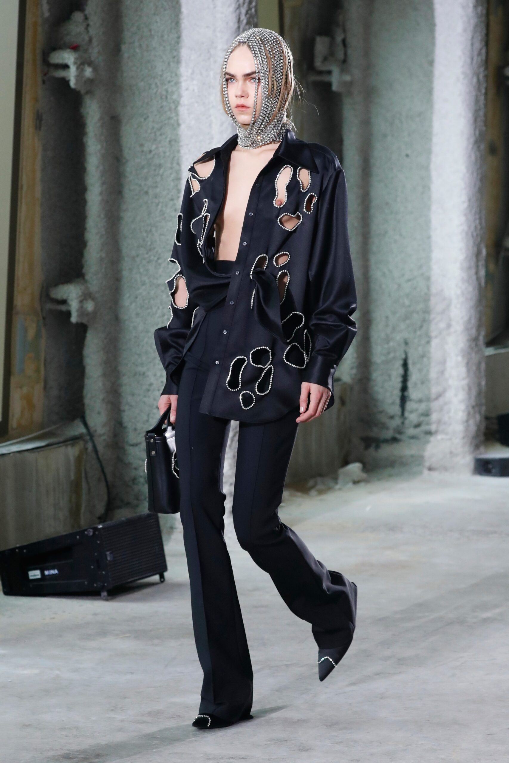 black silk fitted shirt and pants