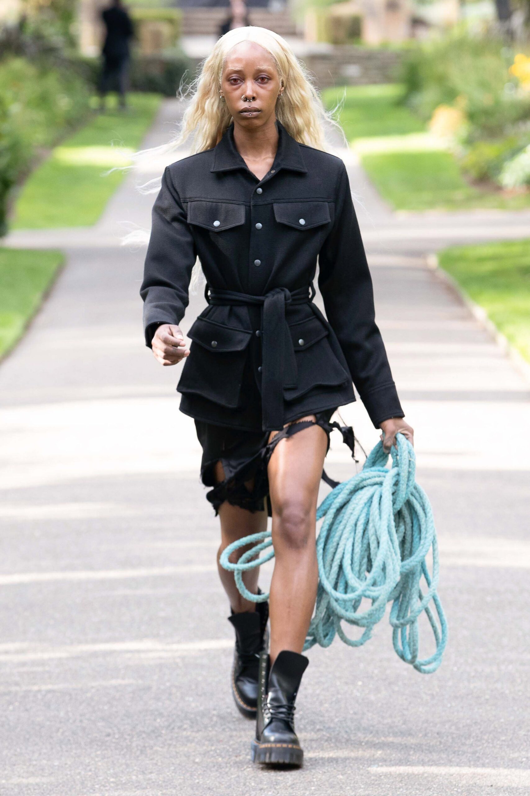 black fitted jacket and mini dress