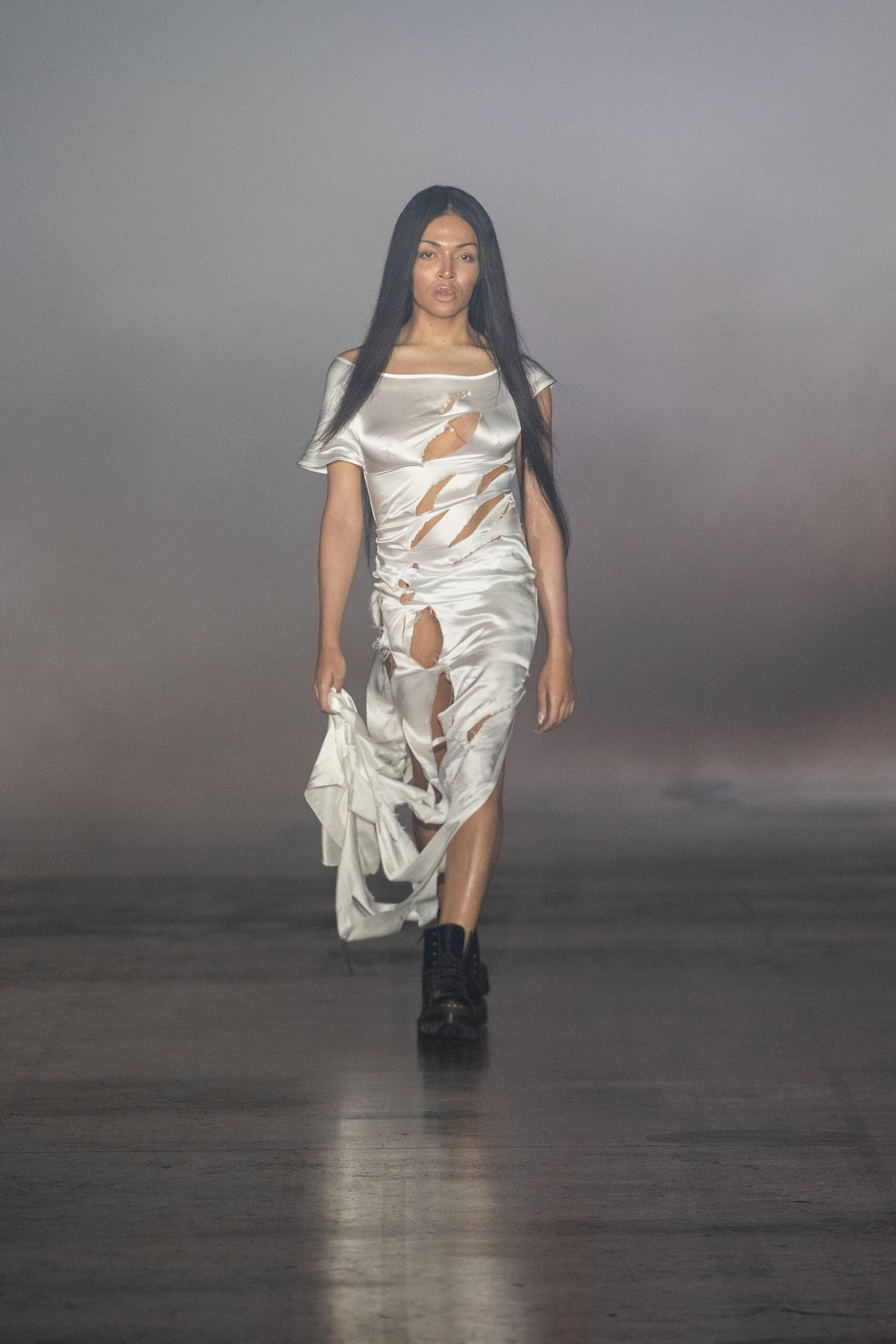 white silk fitted dress