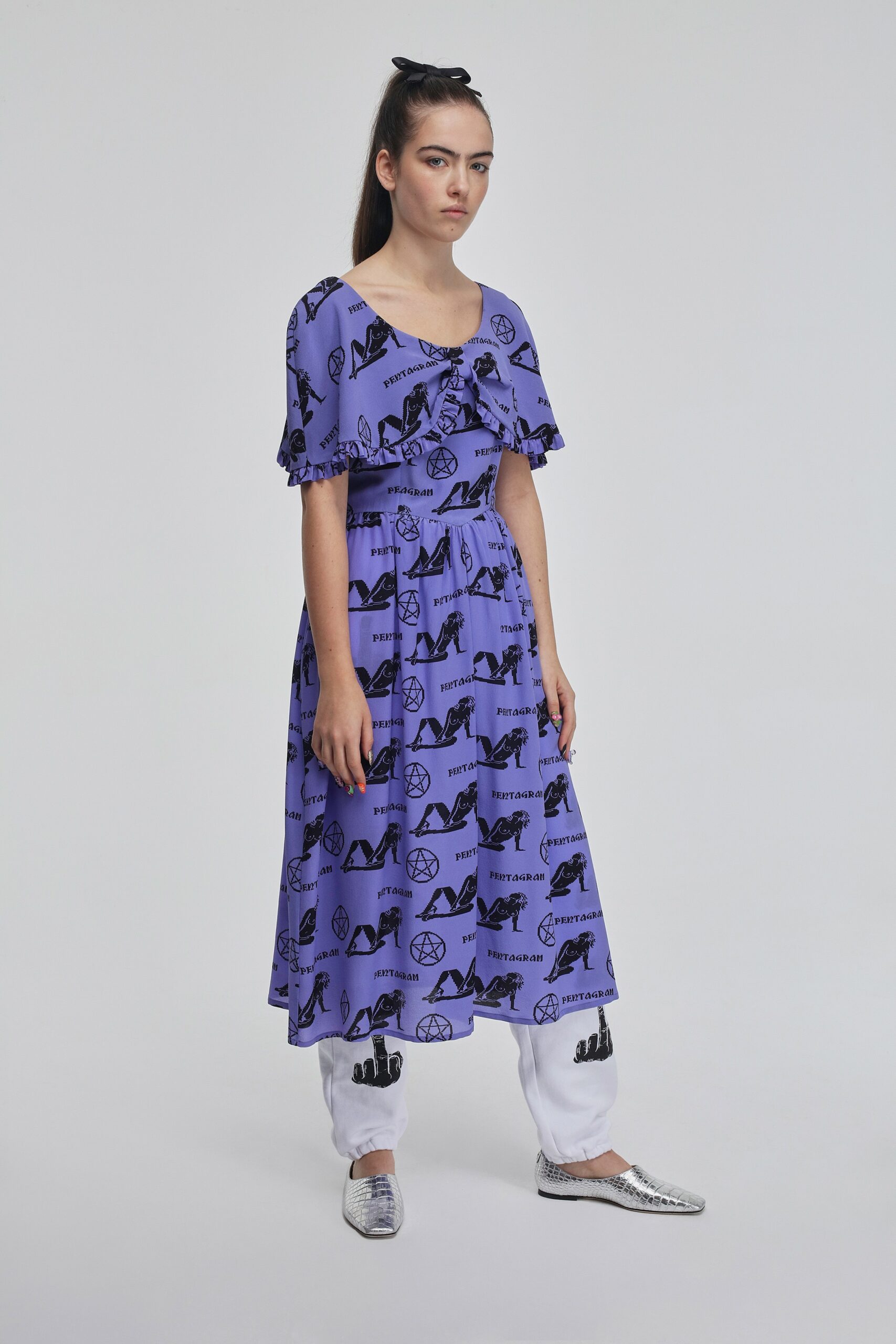 purple cotton short-sleeve square-neck relaxed printed tiered dress