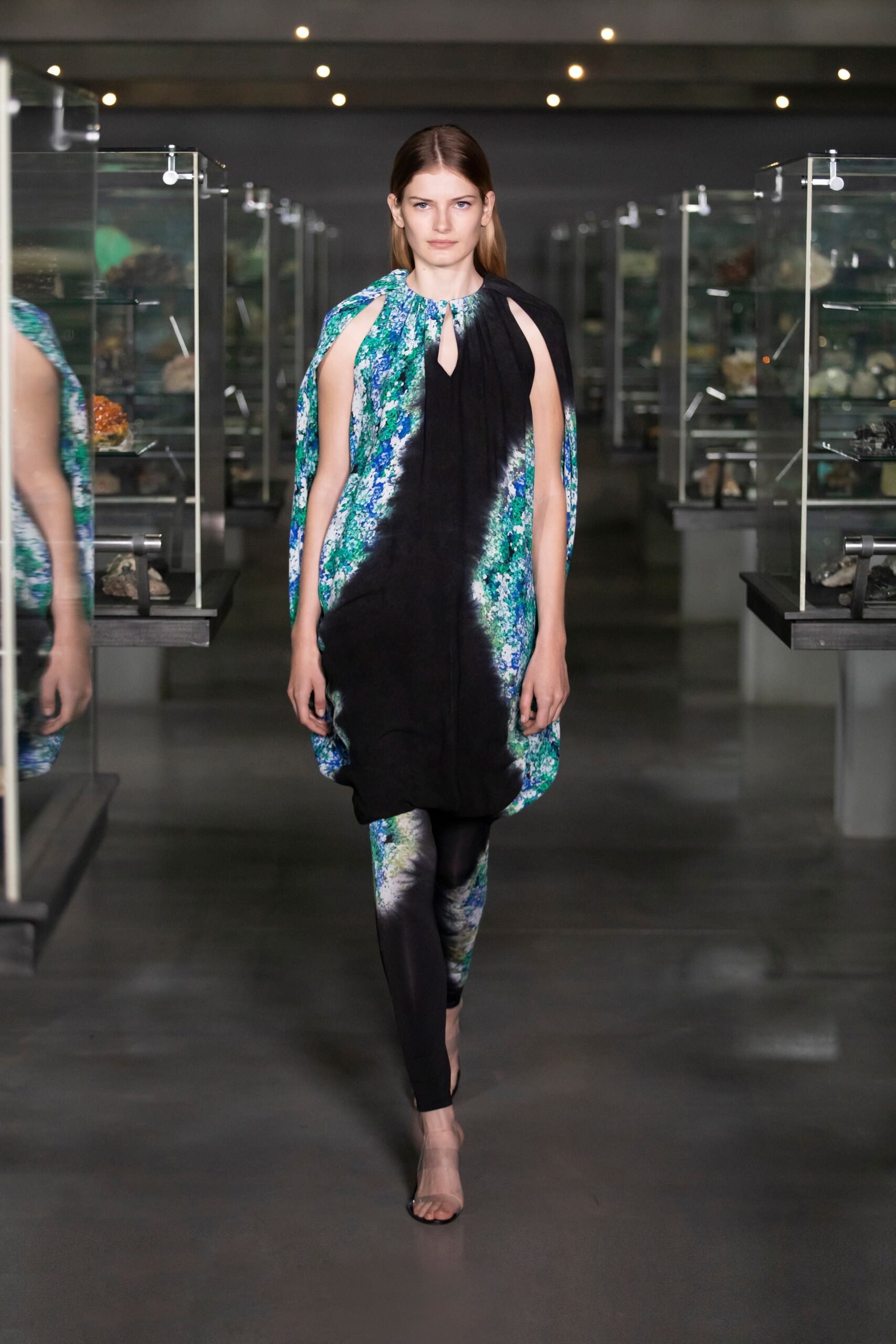 black silk draped dress with leggings