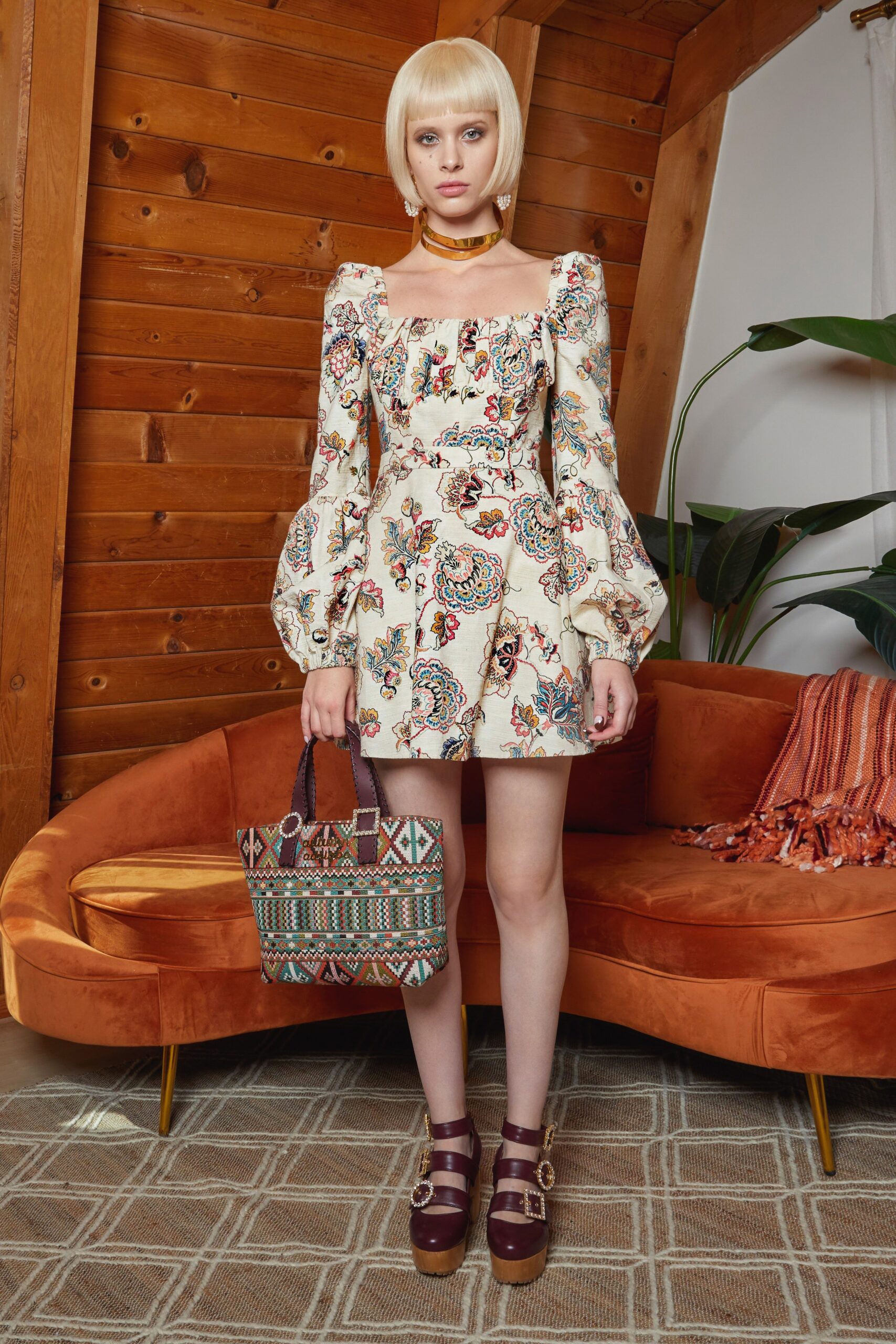 beige multi embroidered mini-dress