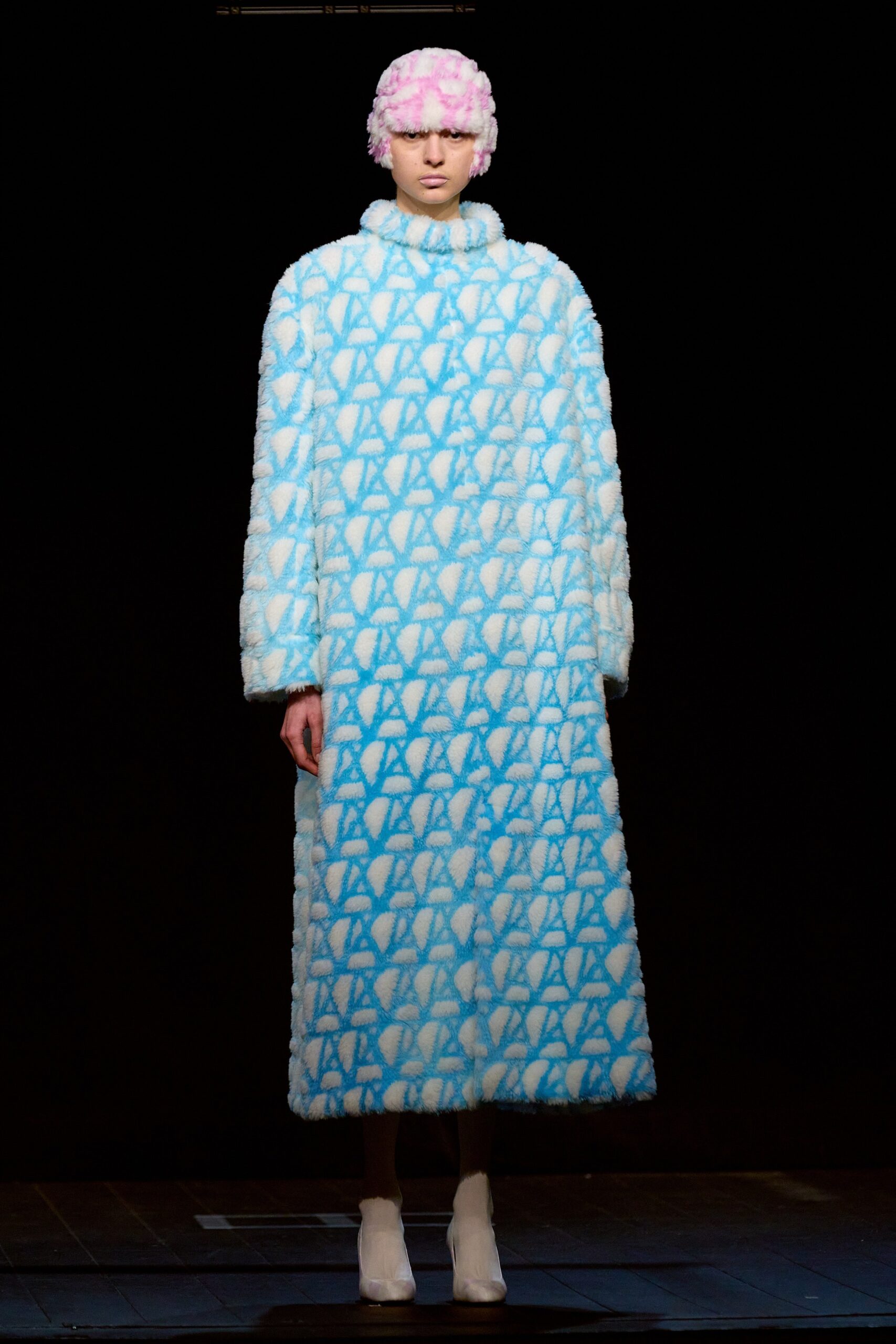 blue and white oversized faux-fur coat