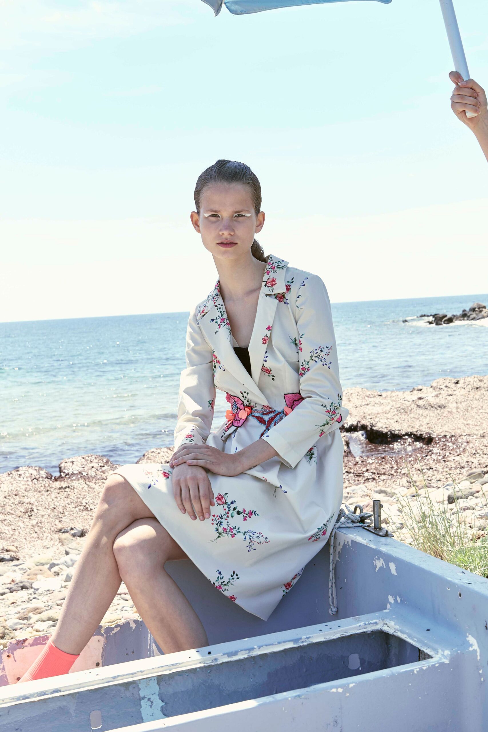 beige floral belted midi dress